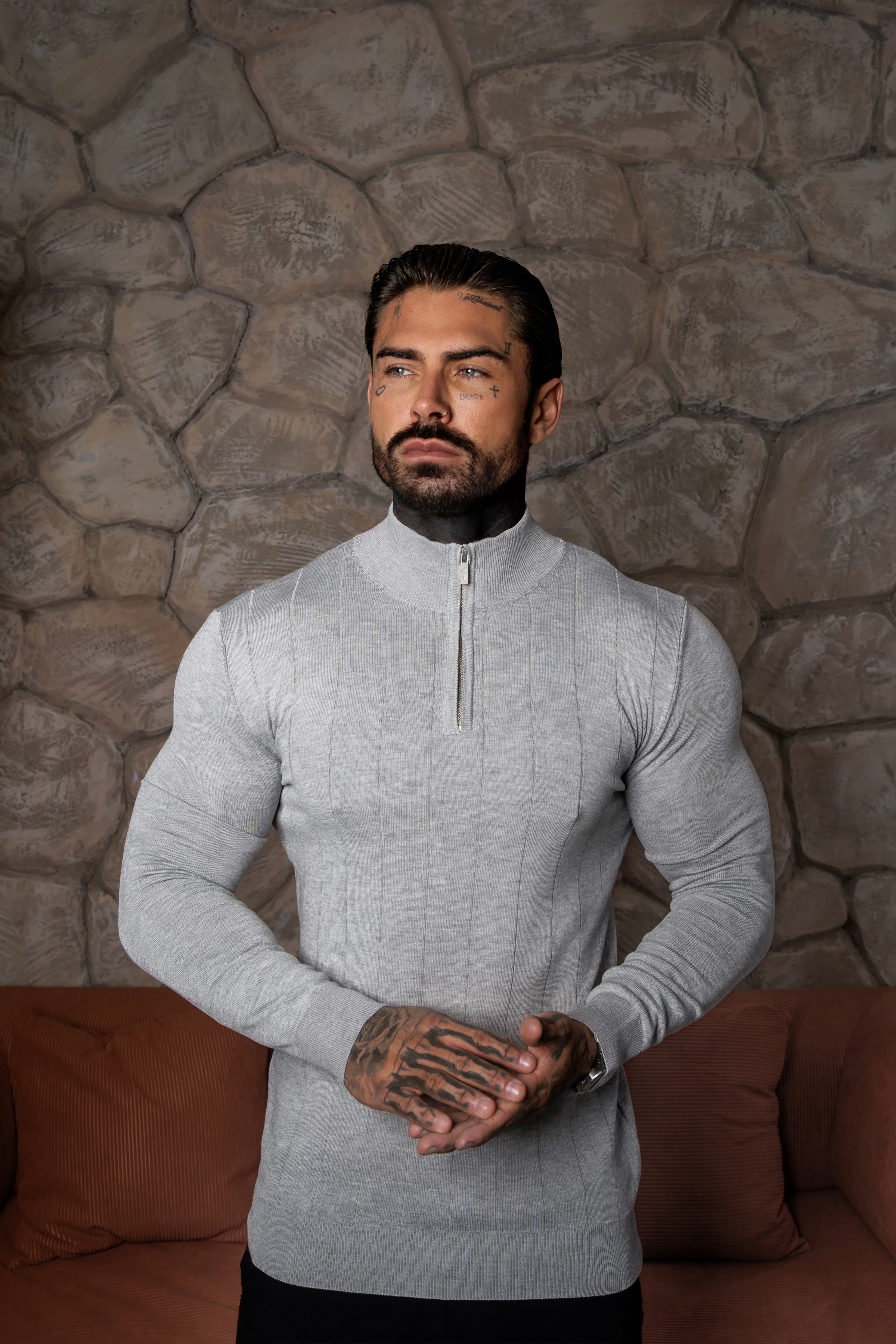 Self Stripe 1/4 Zip Funnel Neck Knit Jumper Silver Grey Long Sleeve - FSR051