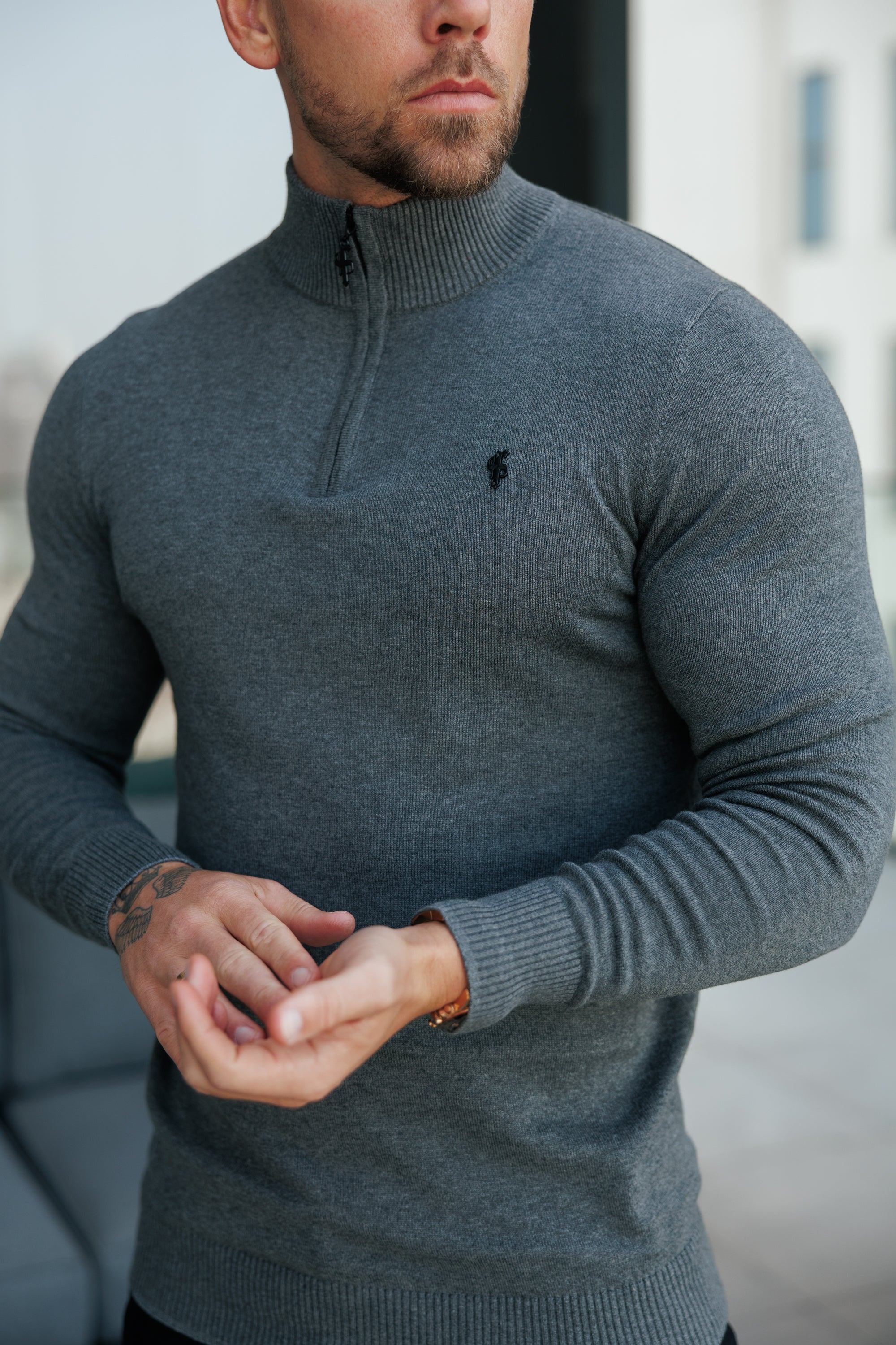 Charcoal Funnel Neck Knitted Jumper With FS Branding - FSN192