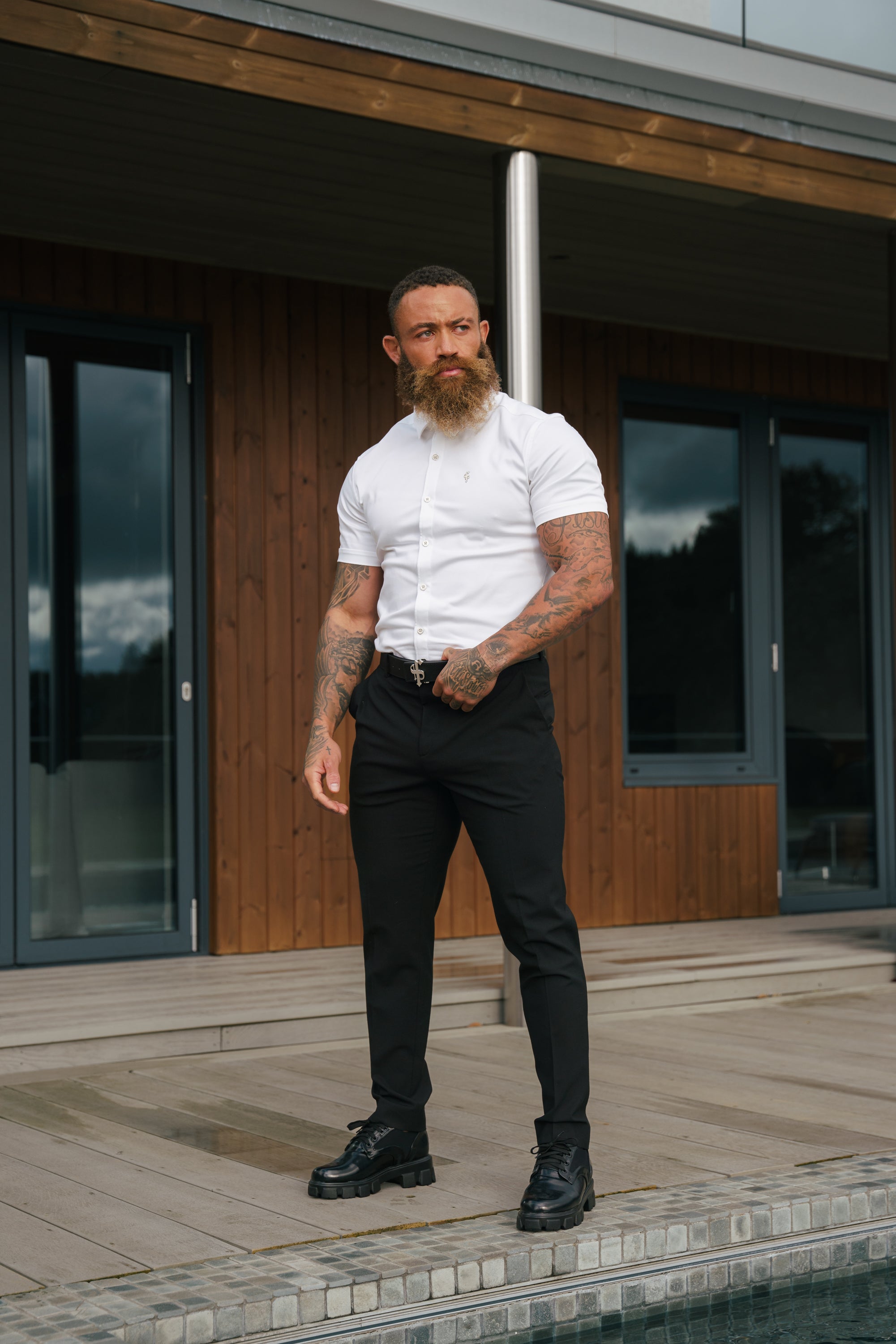 Super Slim Stretch White Denim Short Sleeve with Silver Metal Decal and Buttons - FS1112