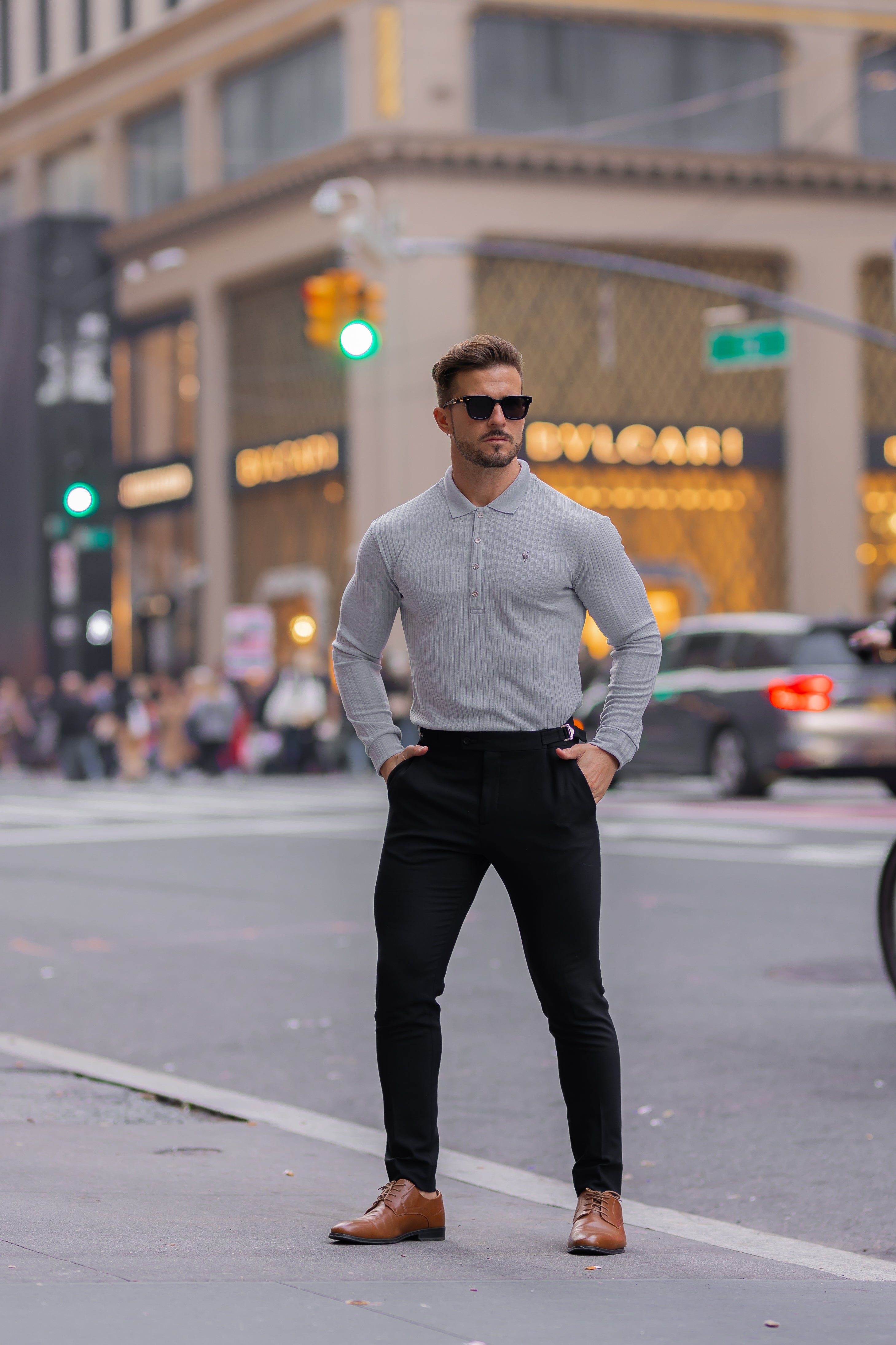 Classic Light Grey Ribbed Polo Shirt Long Sleeve With Silver Decal - FSH973