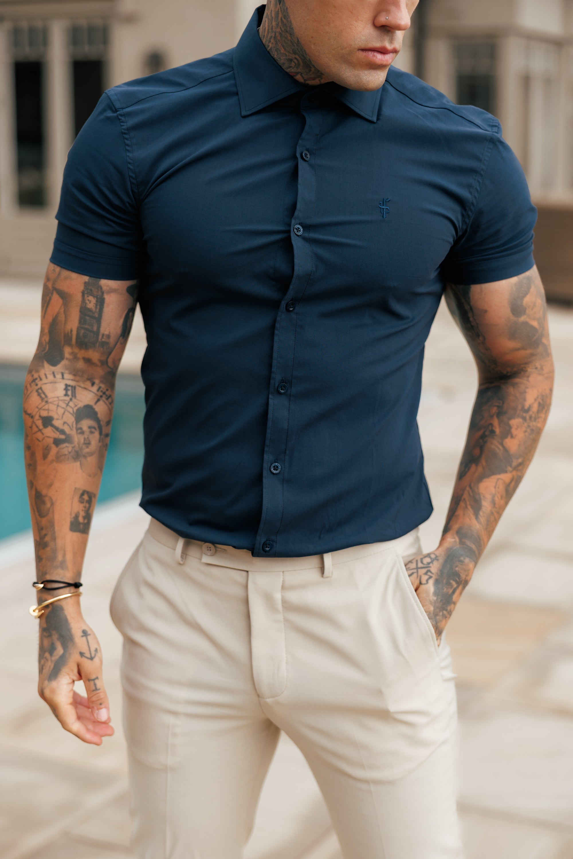 Muscle Fit Advanced Stretch Navy Short Sleeve with Cutaway Collar - FS1163