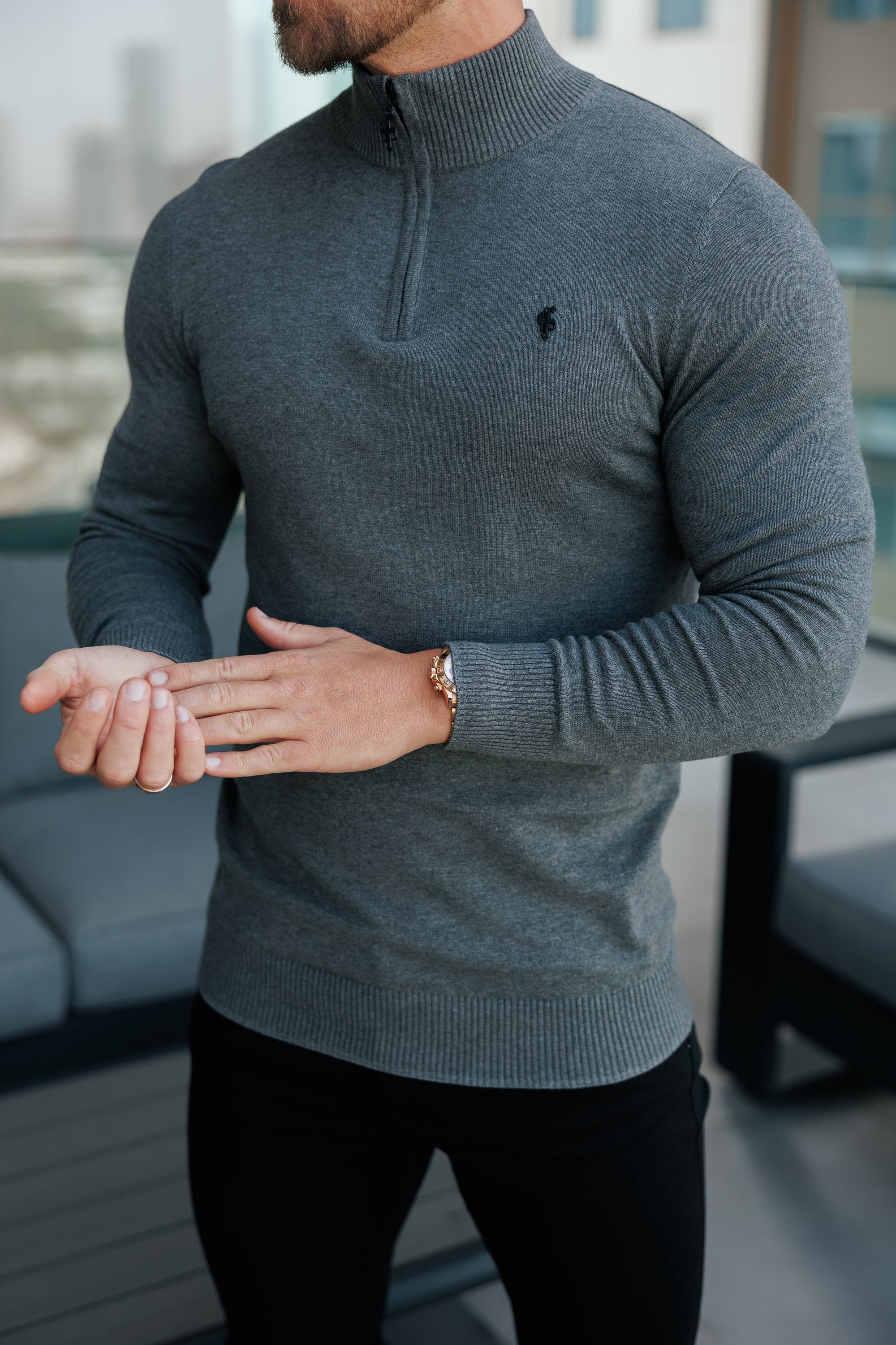 Charcoal Funnel Neck Knitted Jumper With FS Branding - FSN192