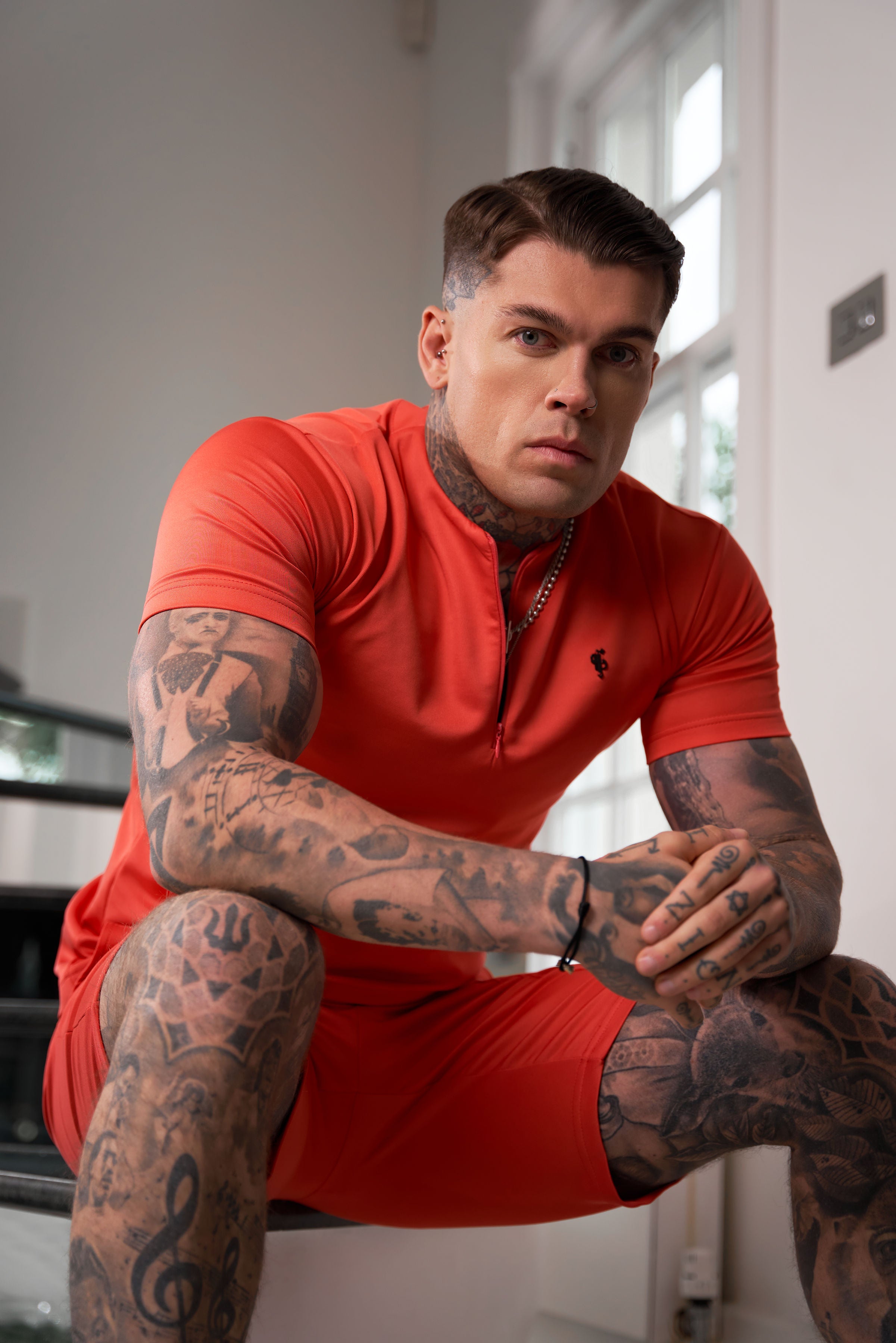 Scuba Coral / Black Crew T Shirt With Zip Detail Short Sleeve - FSH1036