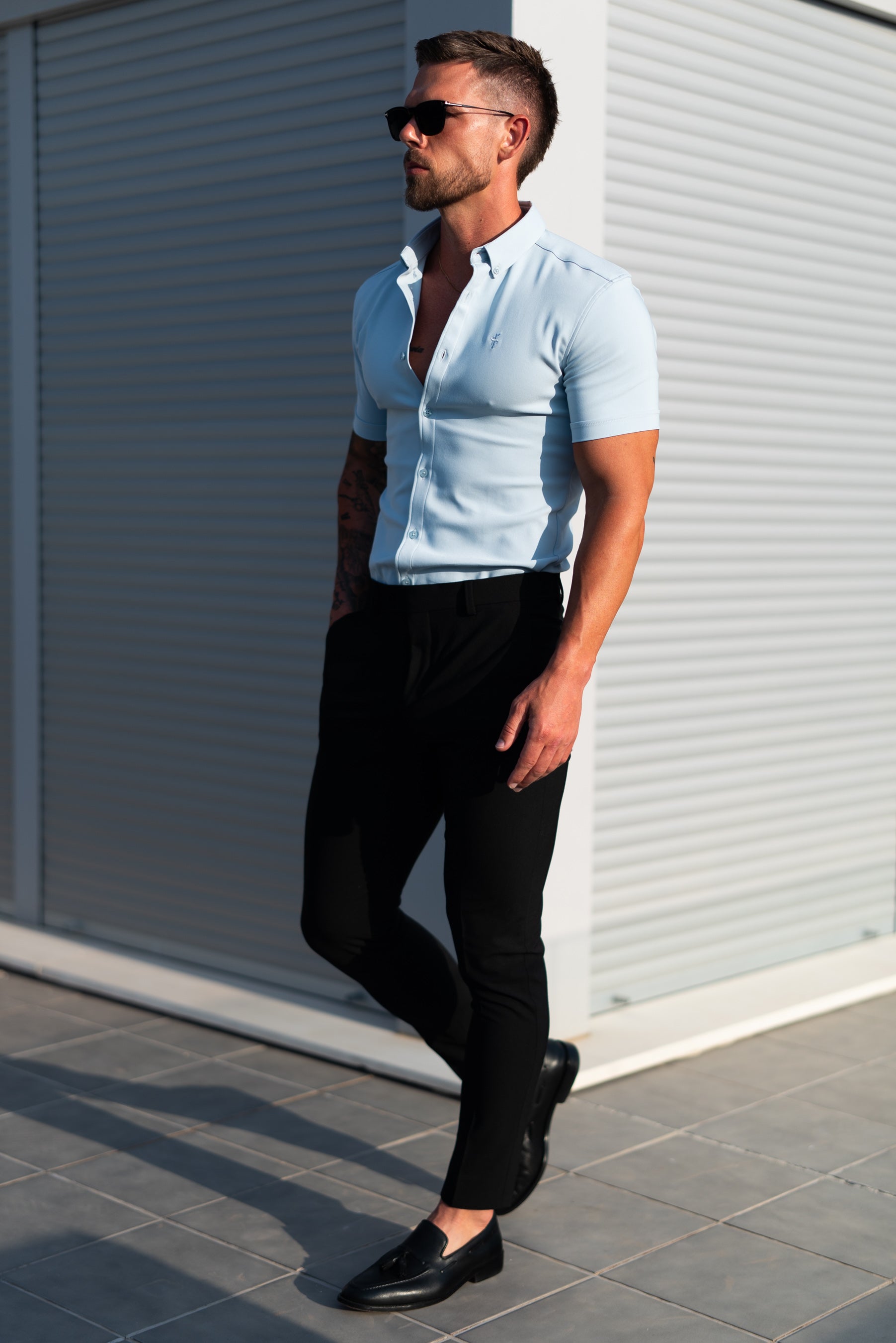 Super Slim SS Powder Blue Scuba with Button Down Collar - FS1121