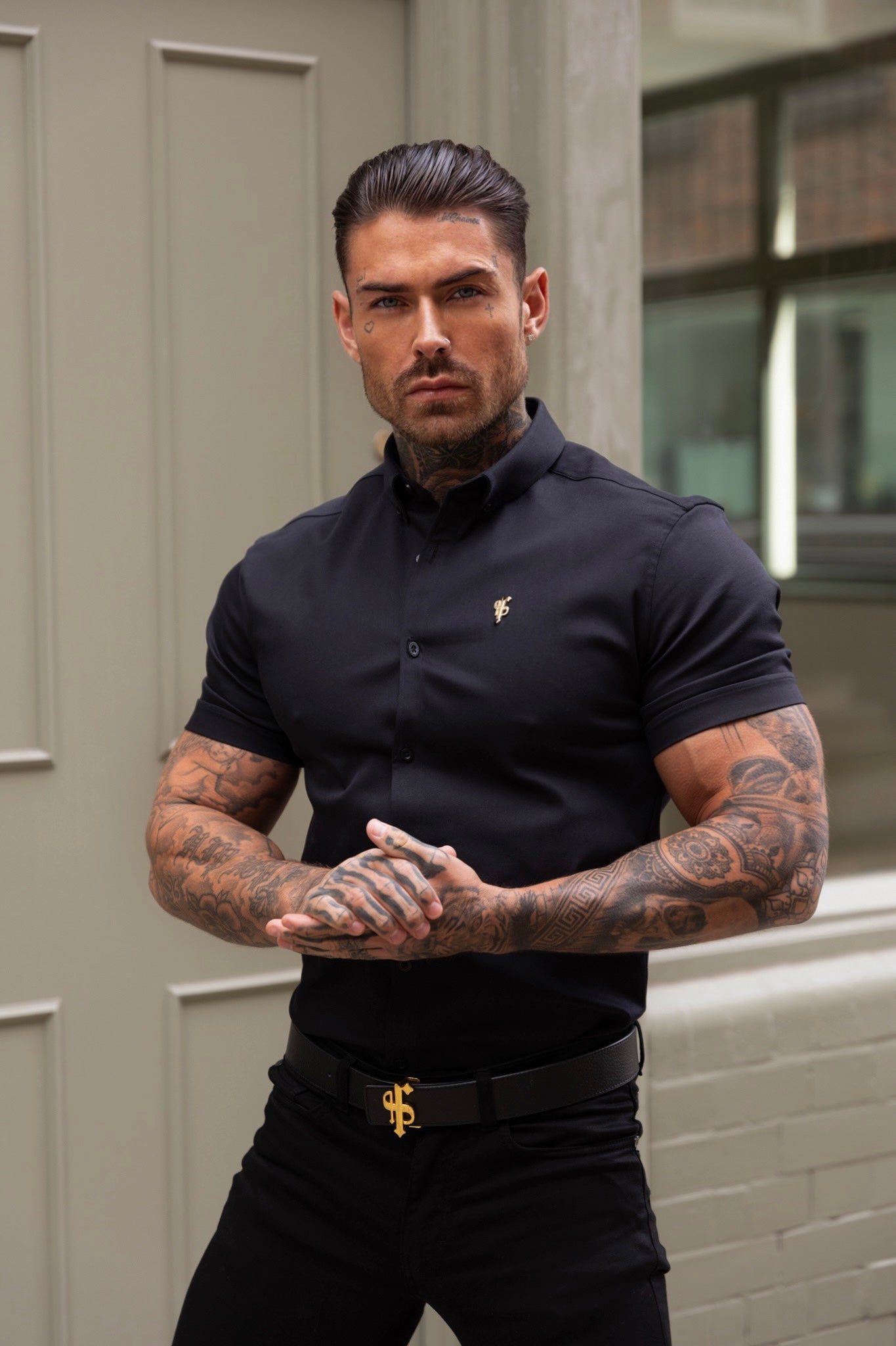Super Slim Stretch Black Denim Short Sleeve with Gold Metal Decal and Button Down Collar - FS1041