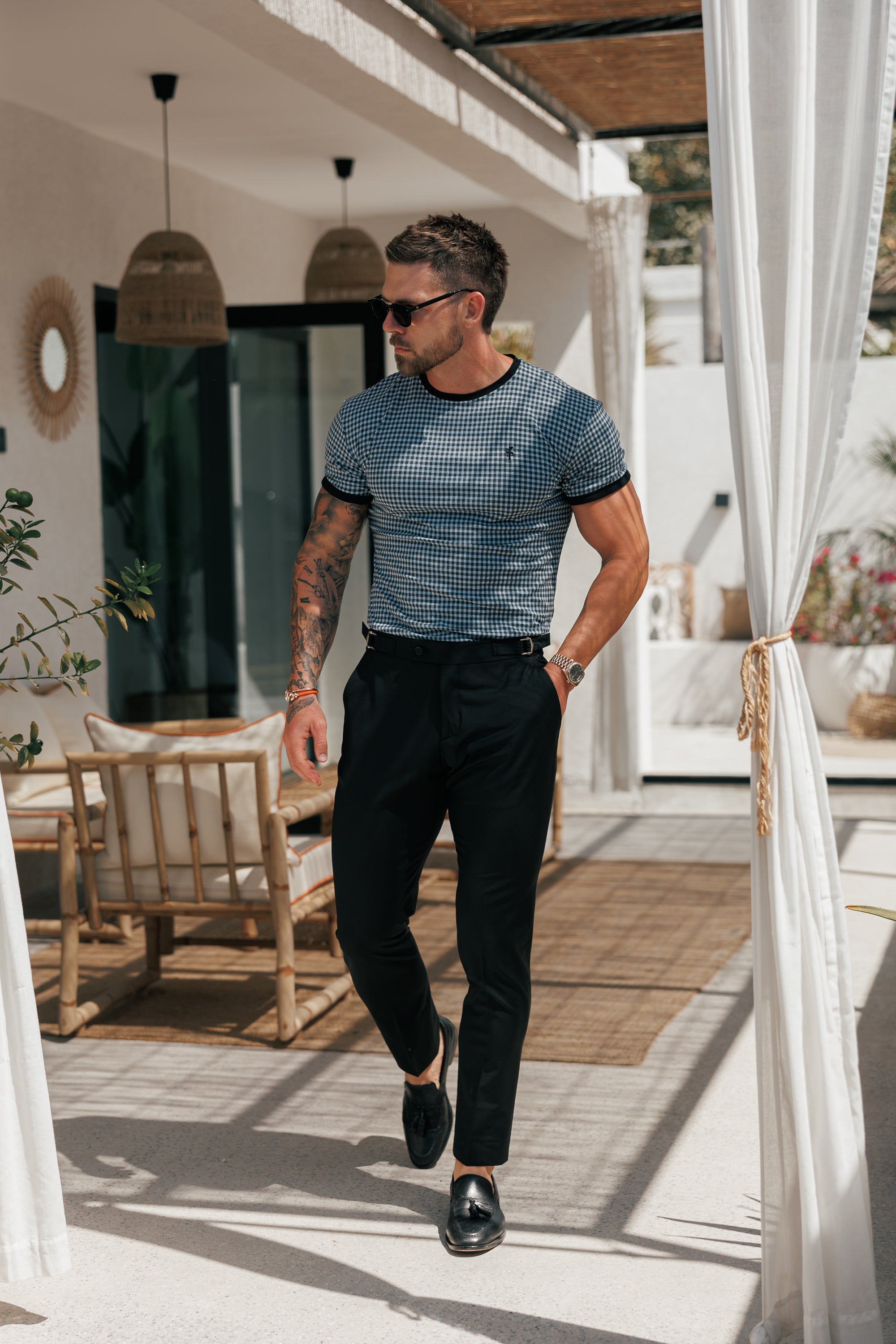 Printed Black / Grey Check Fitted T Shirt - FSH1239