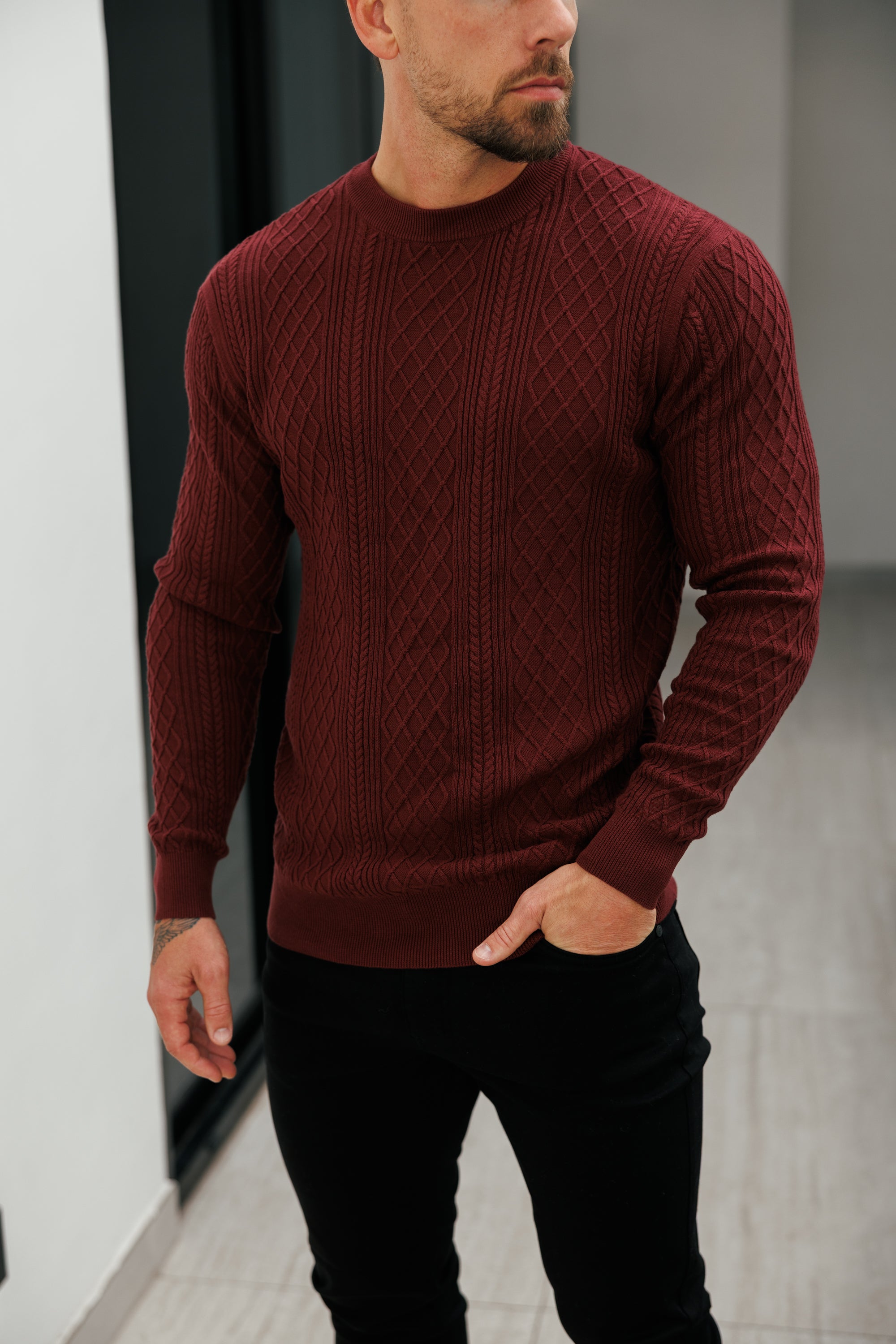 Fine Knit Diamond Burgundy Jumper Long Sleeve - FSA008