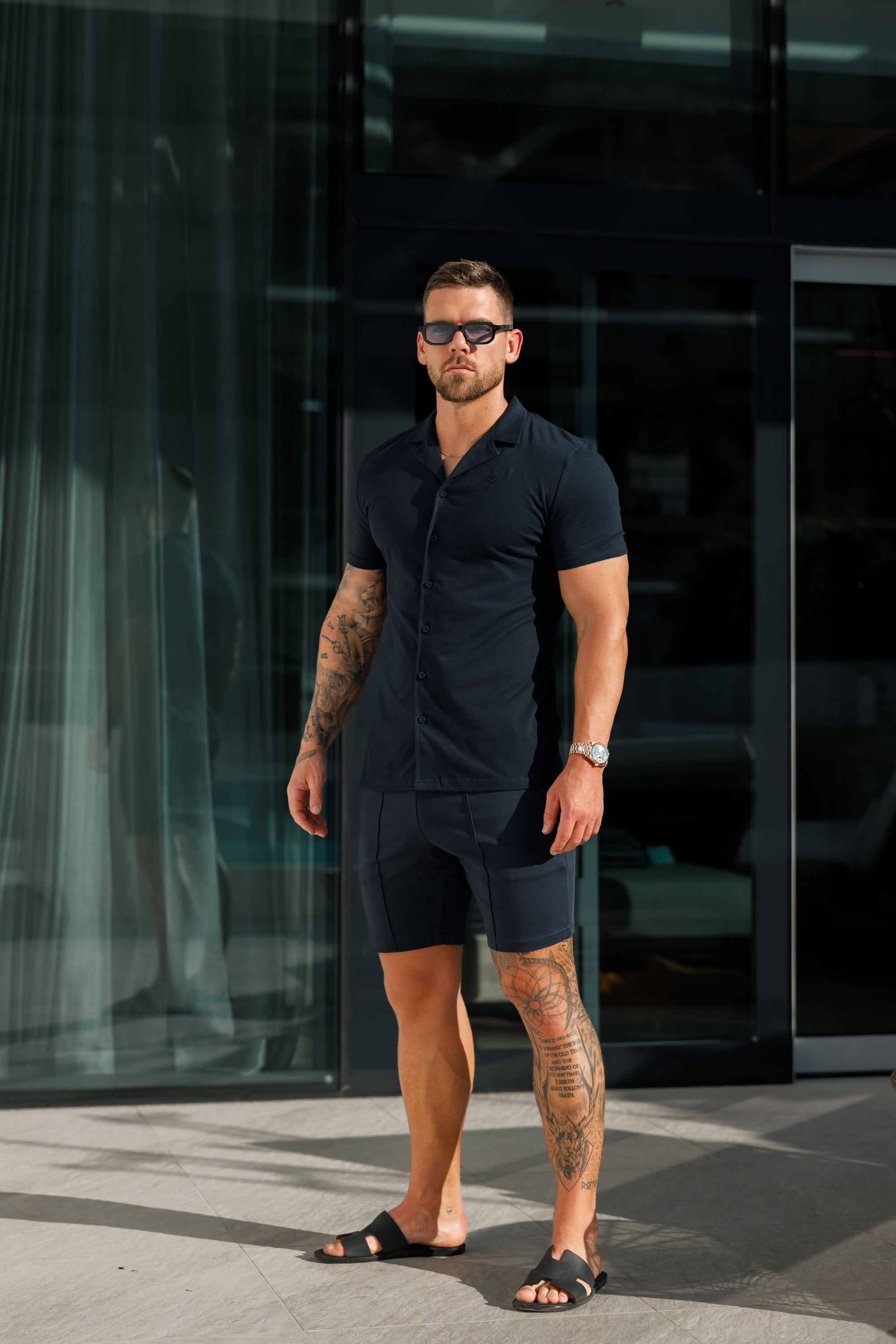 Stretch Navy Pique Revere Shirt Short Sleeve - FSH1069
