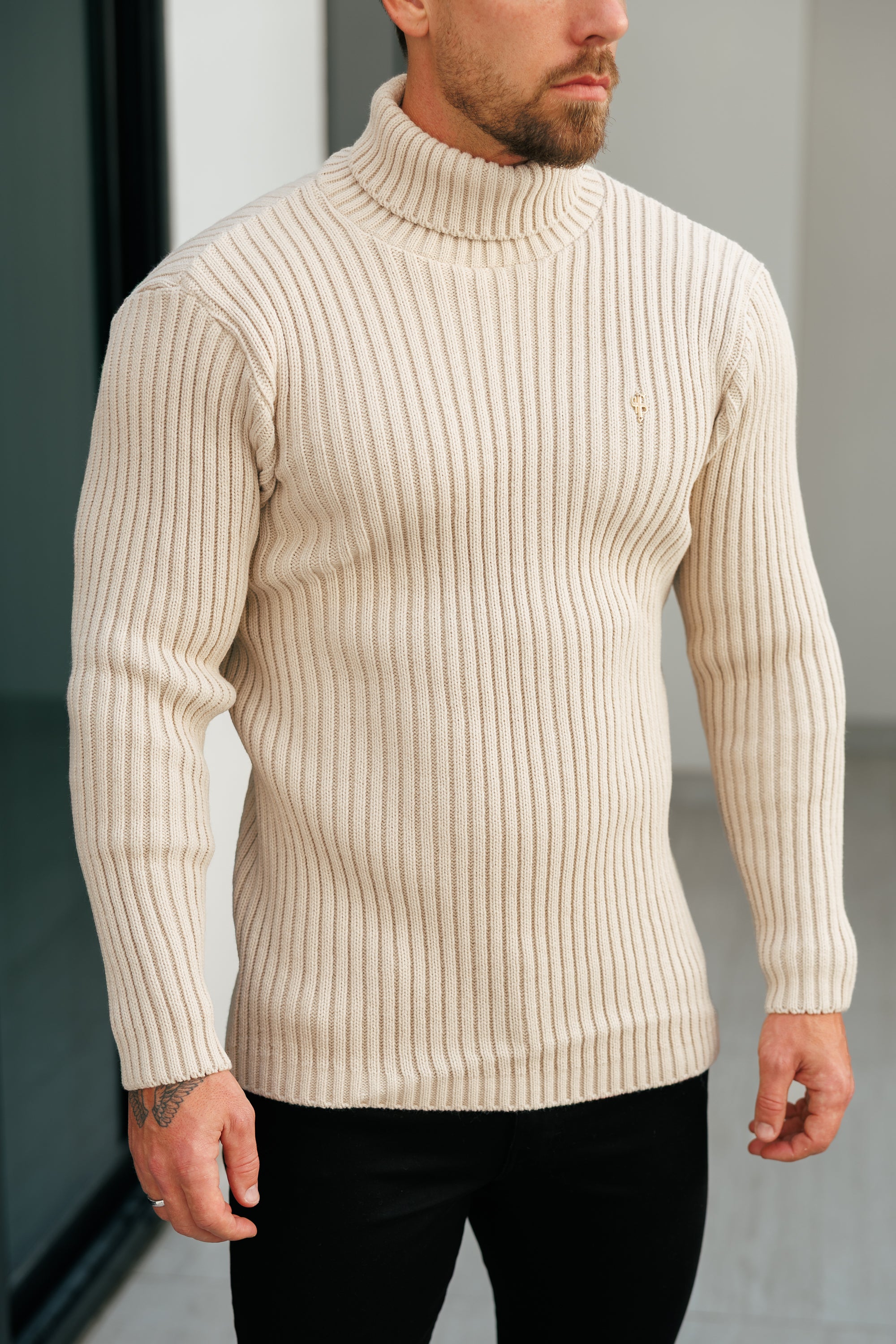 Ribbed Knit Beige Roll Neck Jumper - FSJ112