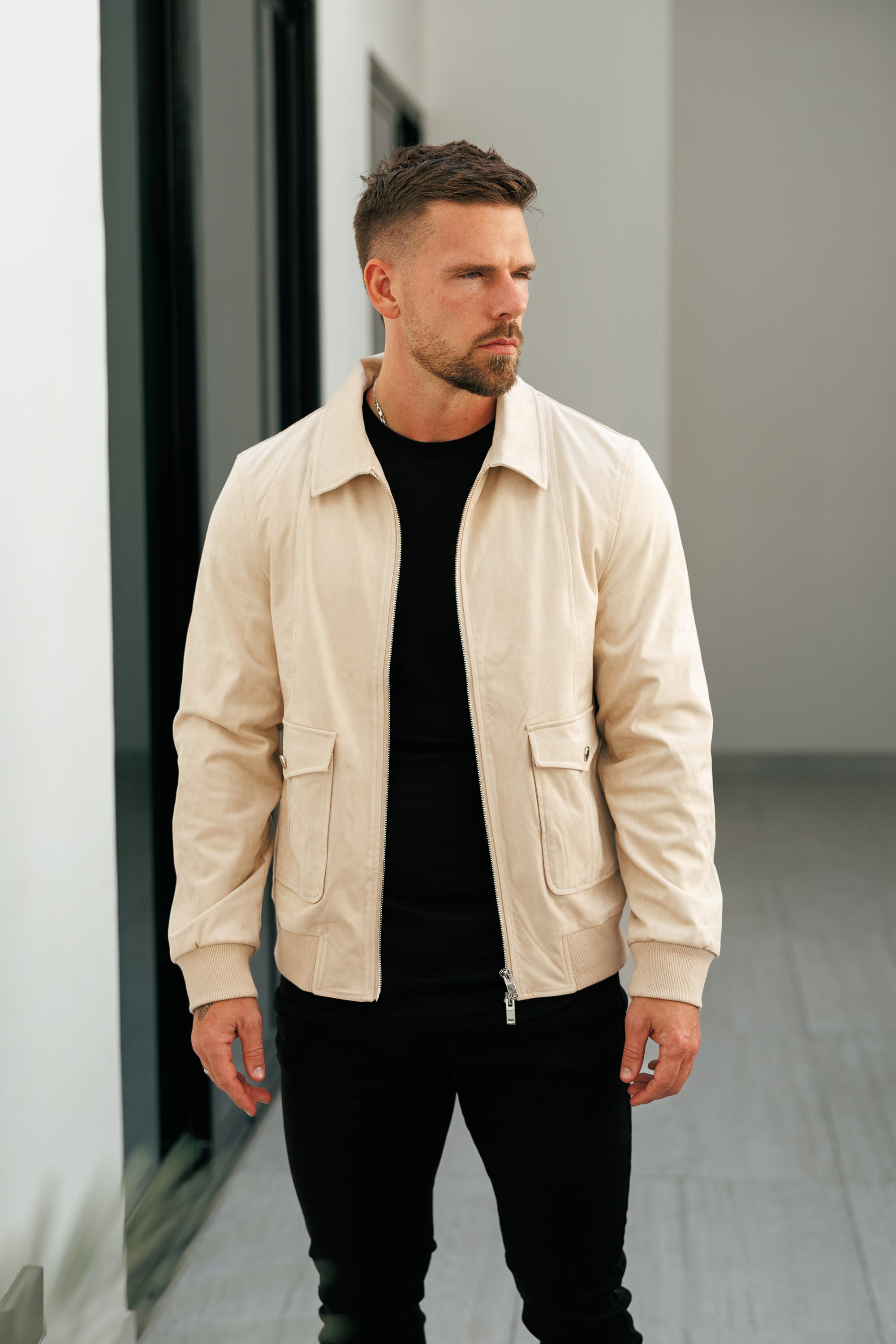 Suede Feel Beige Bomber Jacket - FSN228