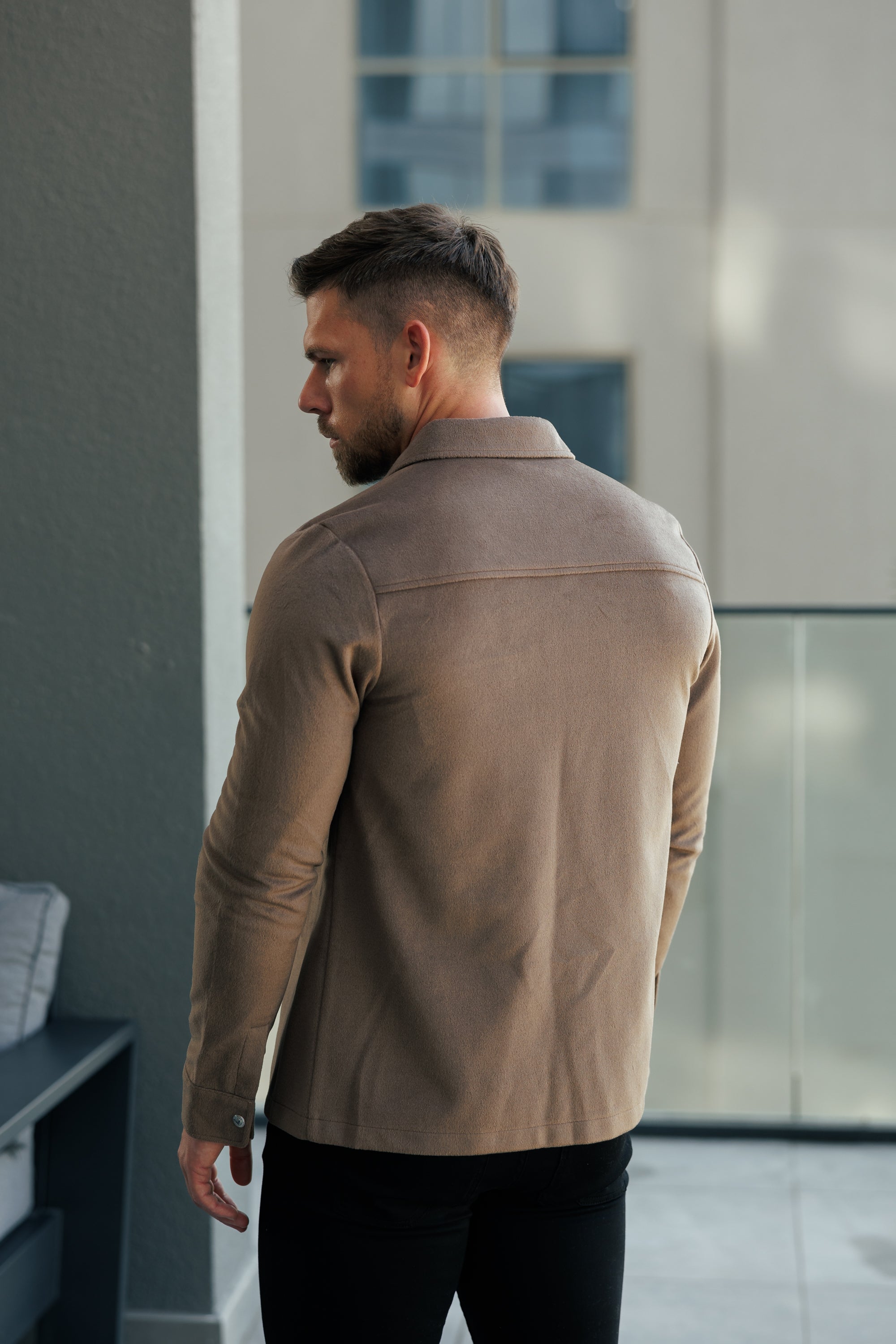 Brushed Button Up Plain Jacket Taupe - FSN184