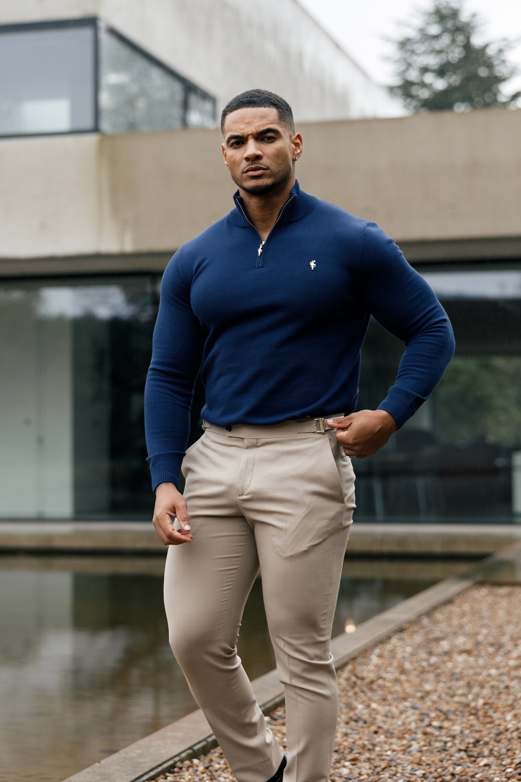 Navy Funnel Neck 1/2 Zip Knitted Jumper - FSN122