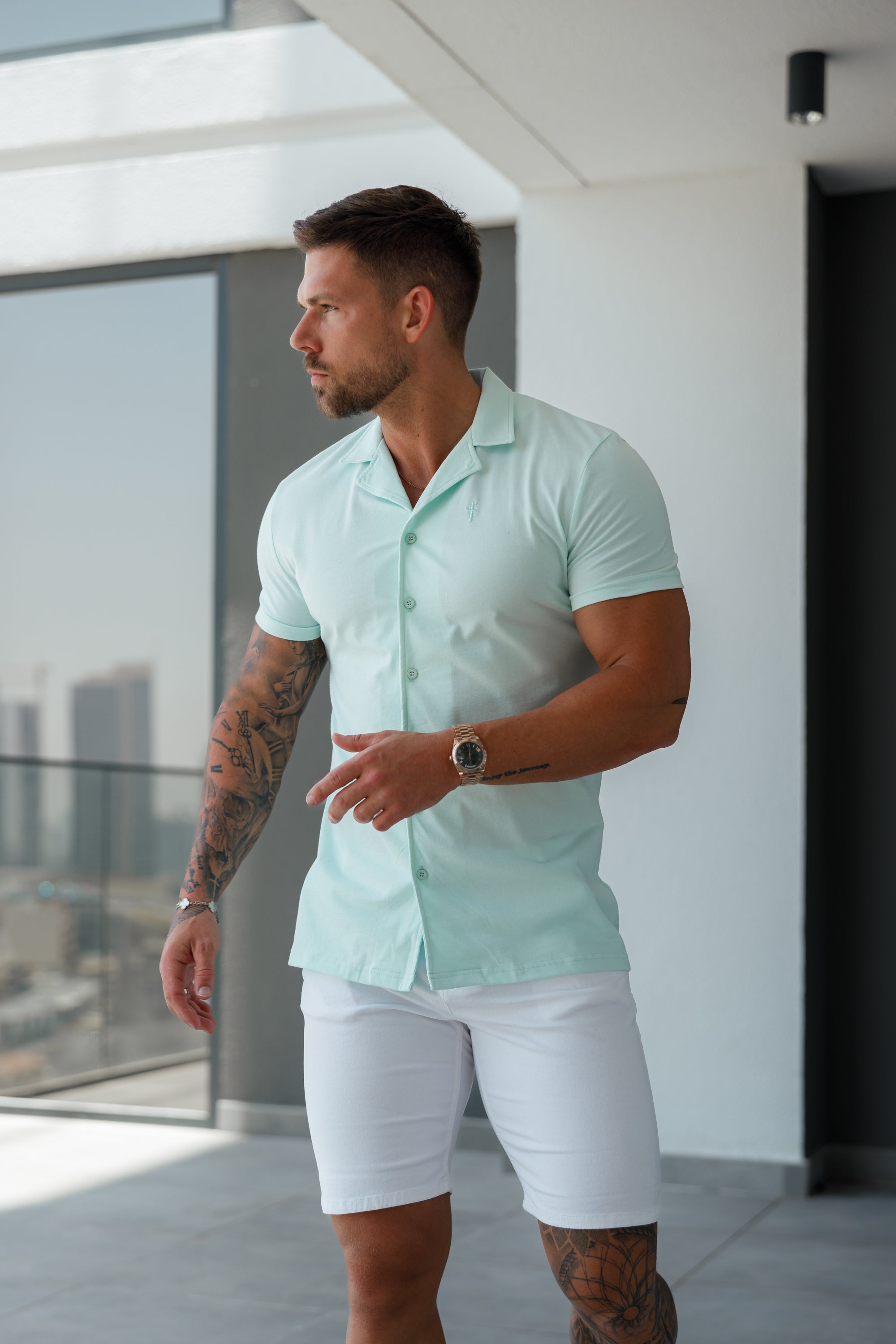 Stretch Mint Pique Revere Shirt Short Sleeve - FSH1078