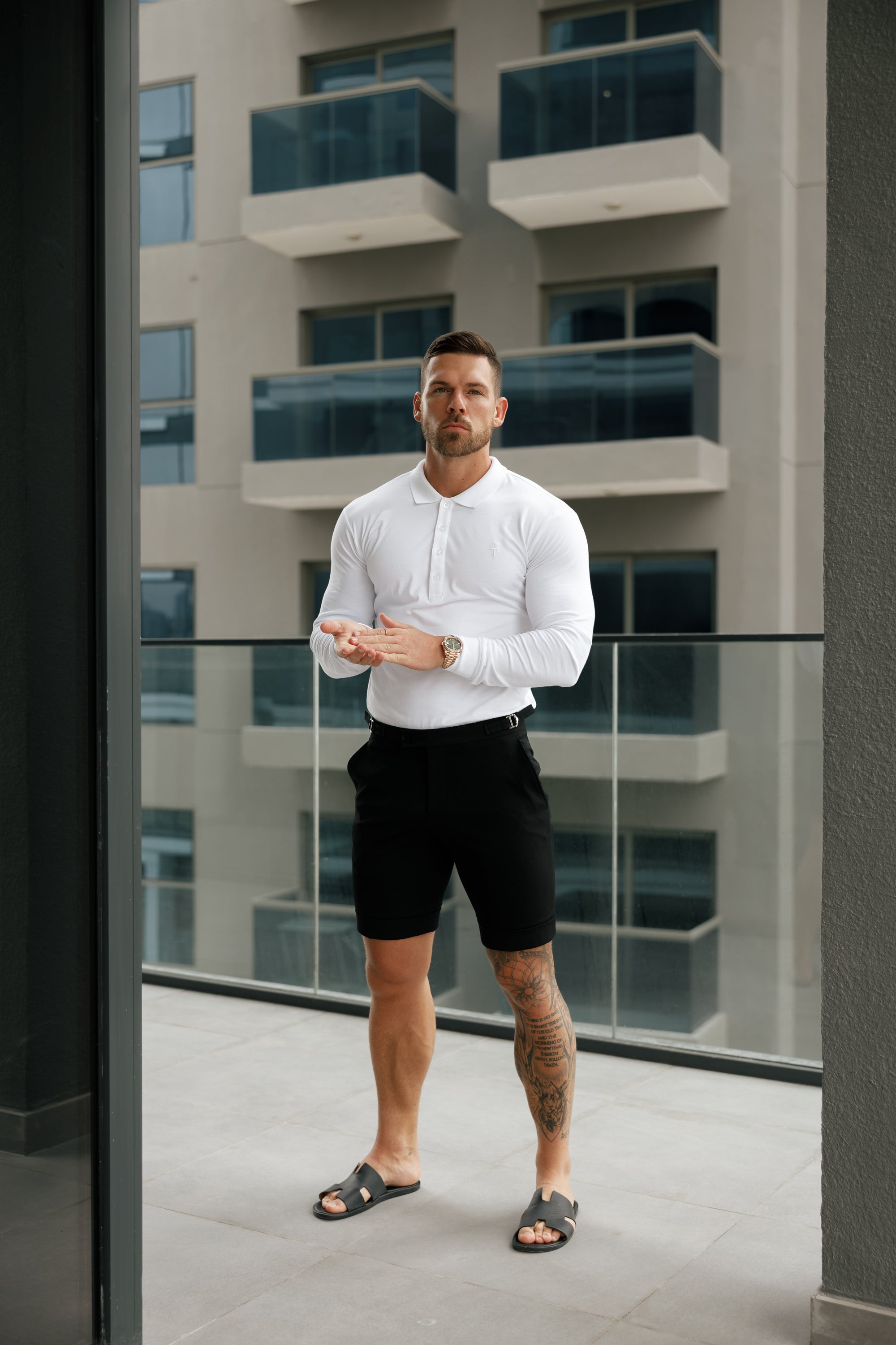 Classic White Tonal Polo Long Sleeve Shirt - FSH858