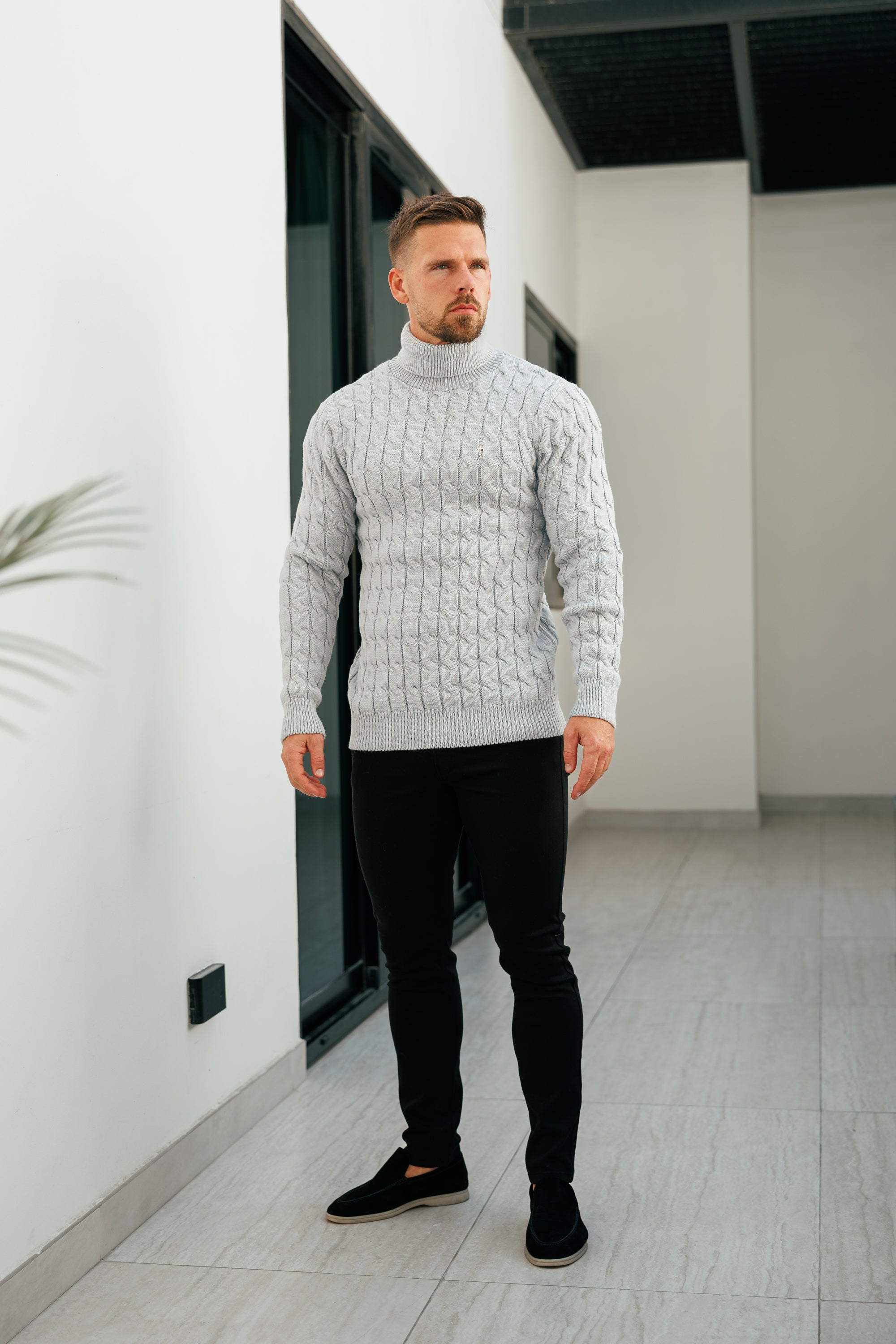 Link Weave Knit Cop Grey Roll Neck Jumper - FSJ104