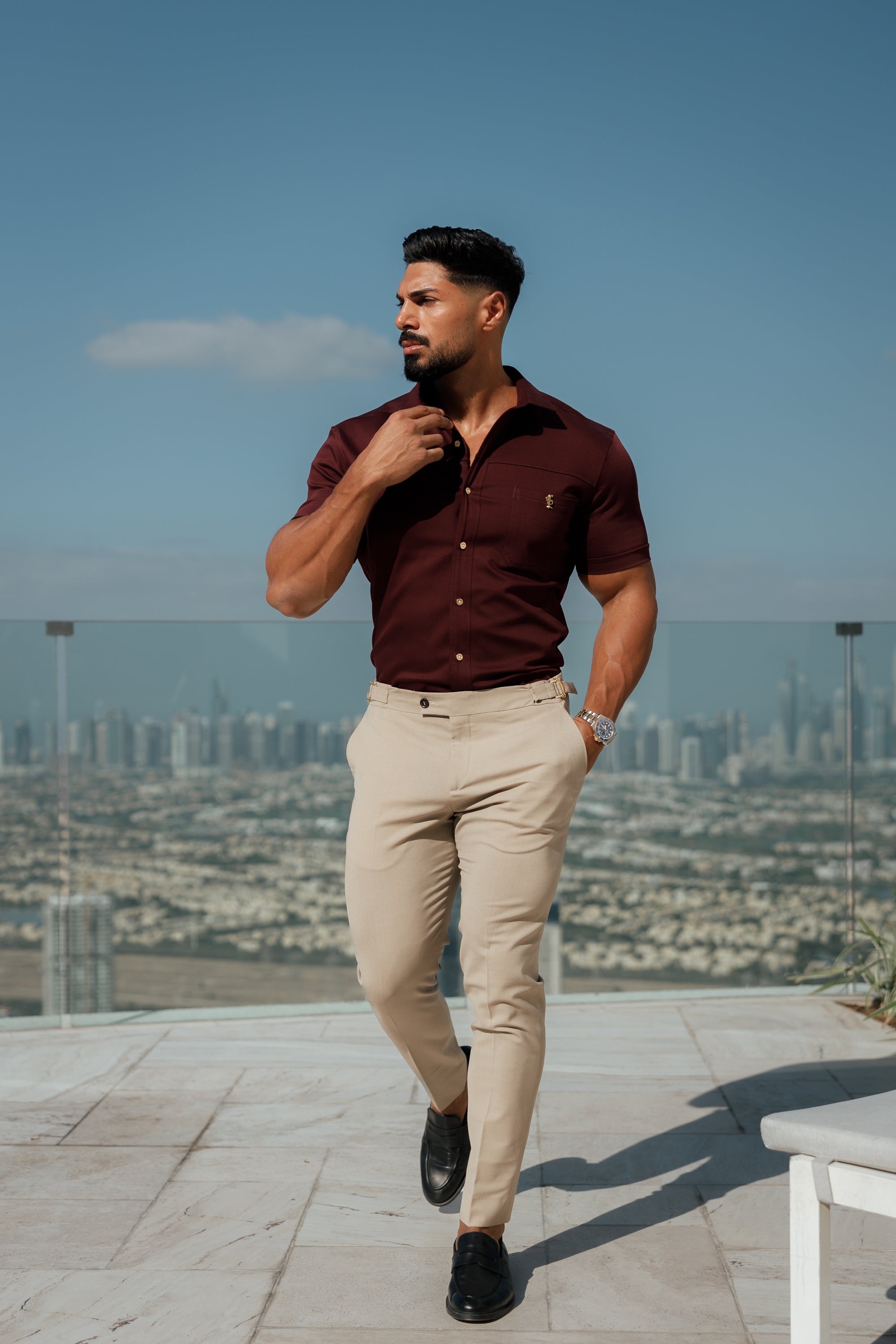 Super Slim Stretch Burgundy Denim Short Sleeve with Horizontal Seam and Pocket- FS961