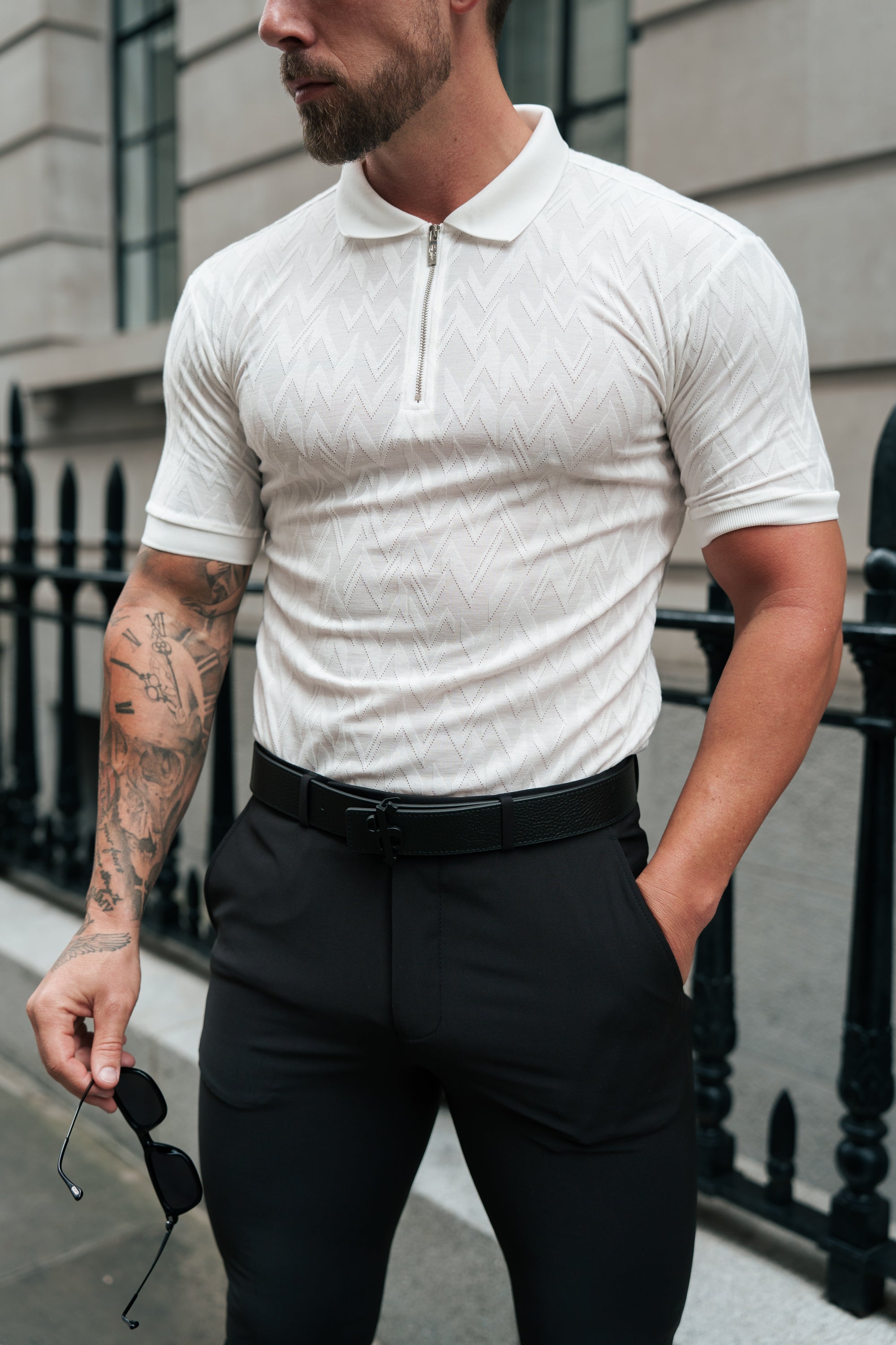 Classic Jacquard White Chevron Zipped Polo - FSR020