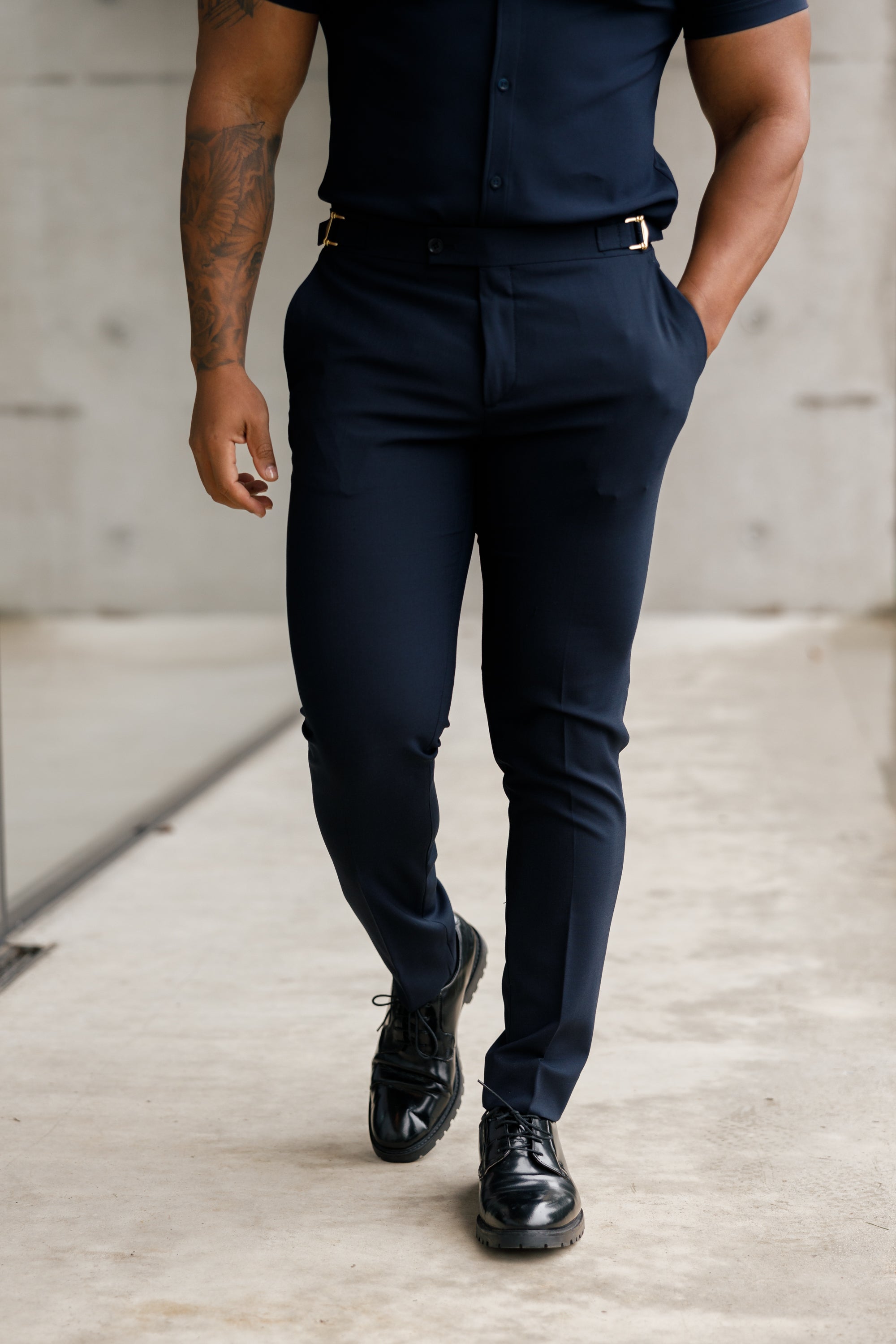 Slim Formal Navy Stretch Trousers With Gold Waist Adjusters - FST016