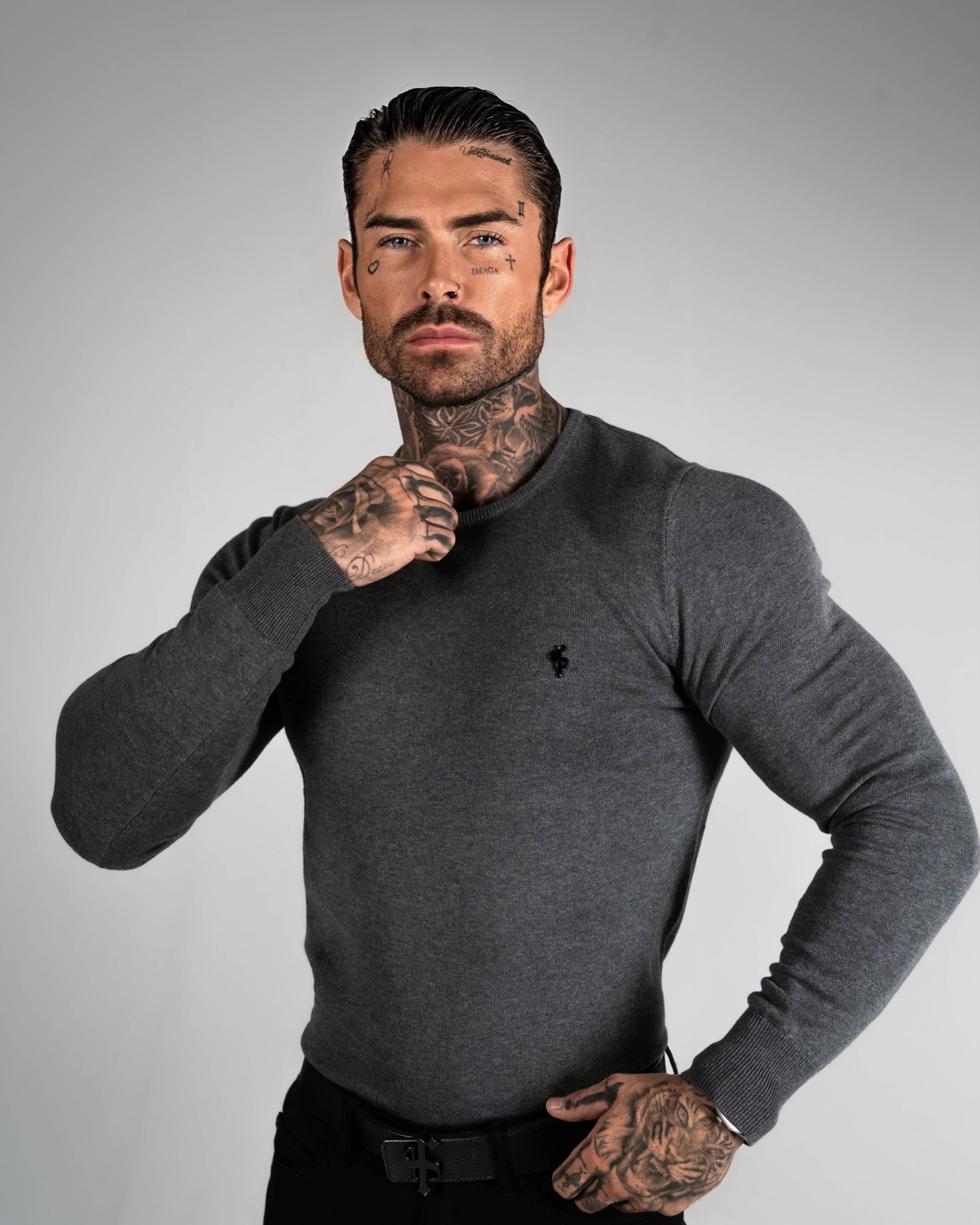 Charcoal Crew Neck Knitted Jumper With FS Branding - FSN198