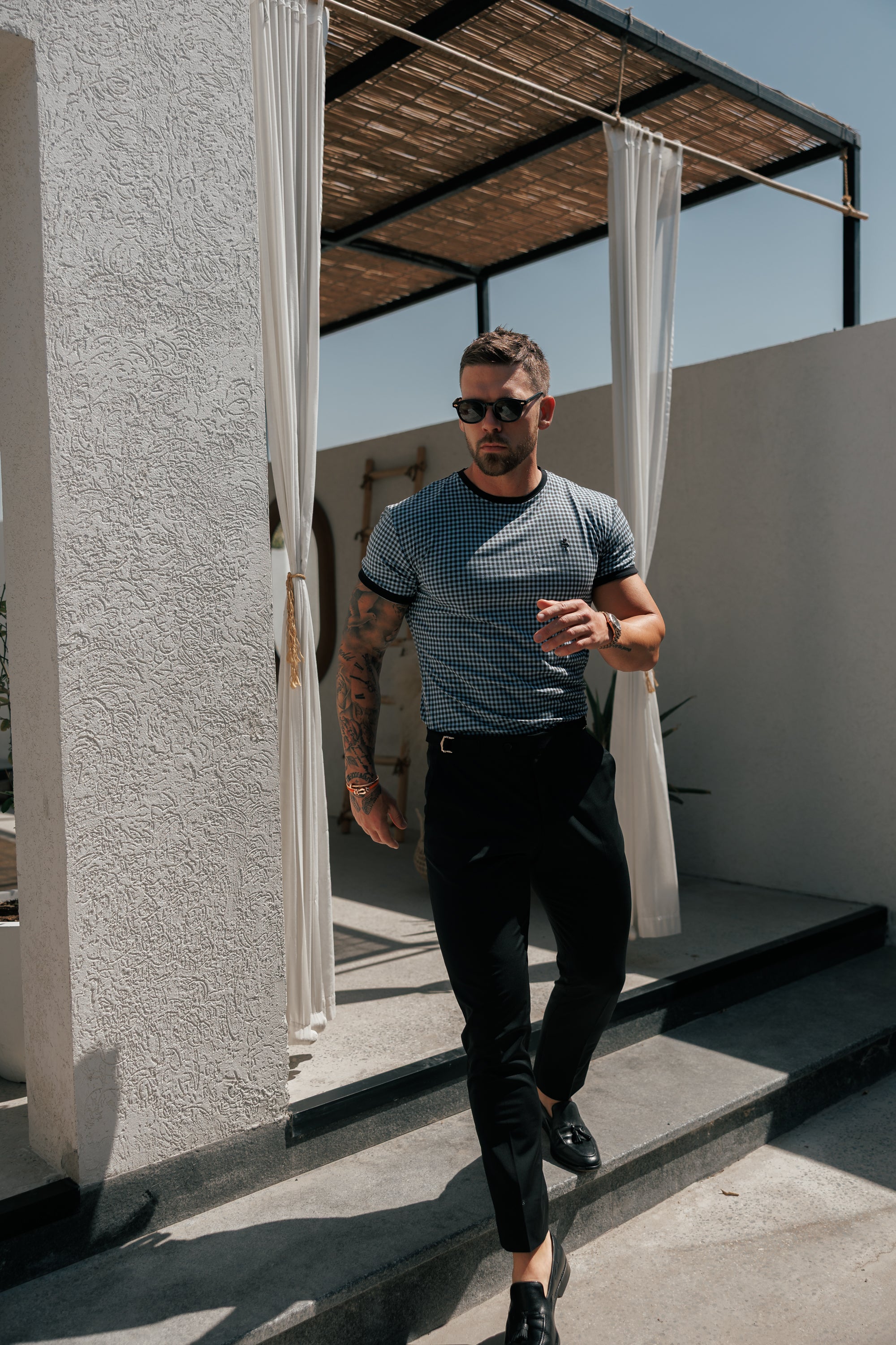 Printed Black / Grey Check Fitted T Shirt - FSH1239