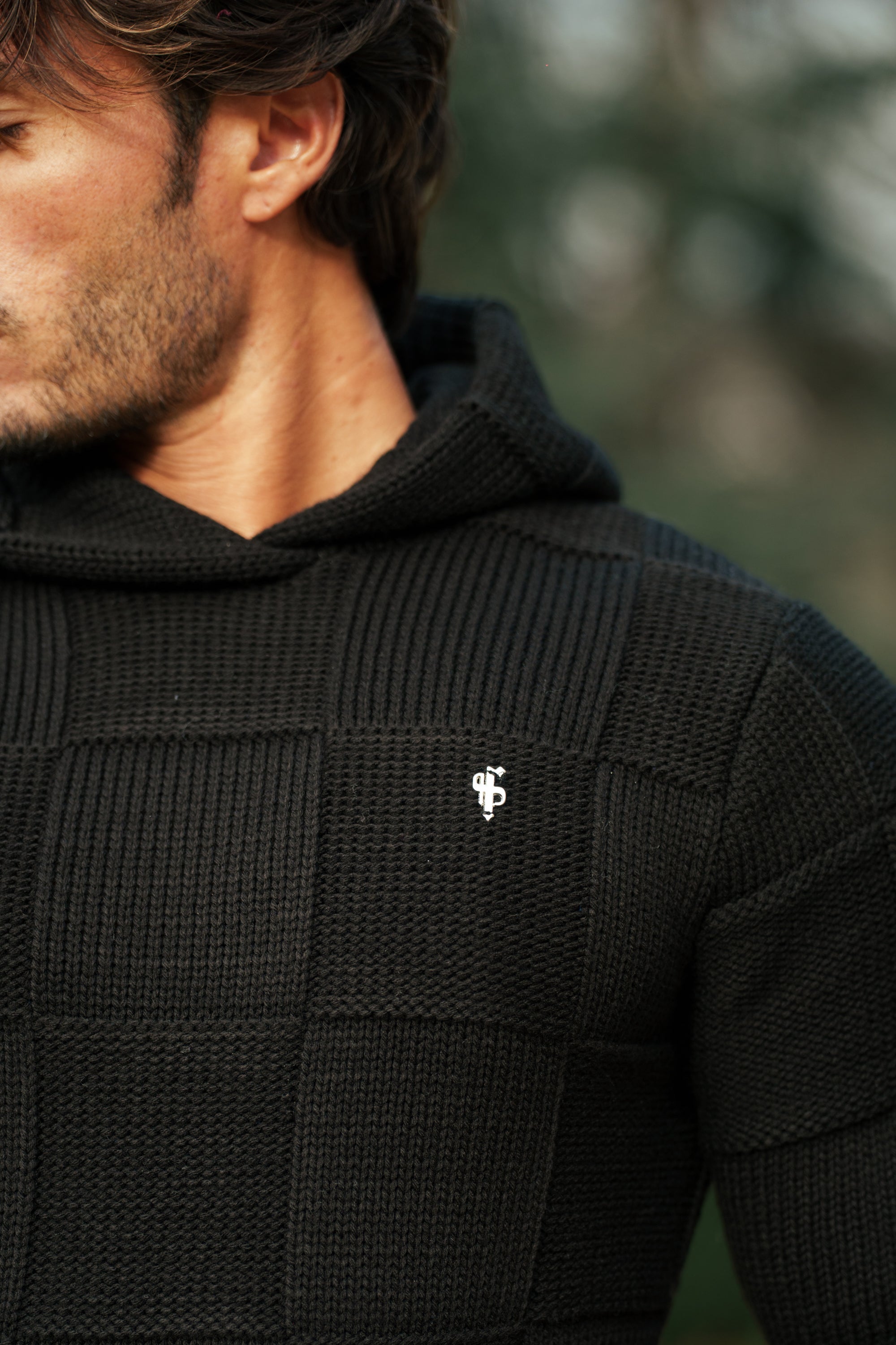 Black Checkerboard Knitted Hoodie - FSJ135