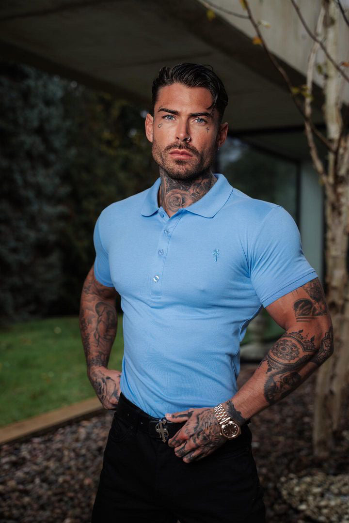 Classic Light Blue Polo Shirt with Tonal Button and Embroidery - FSH880