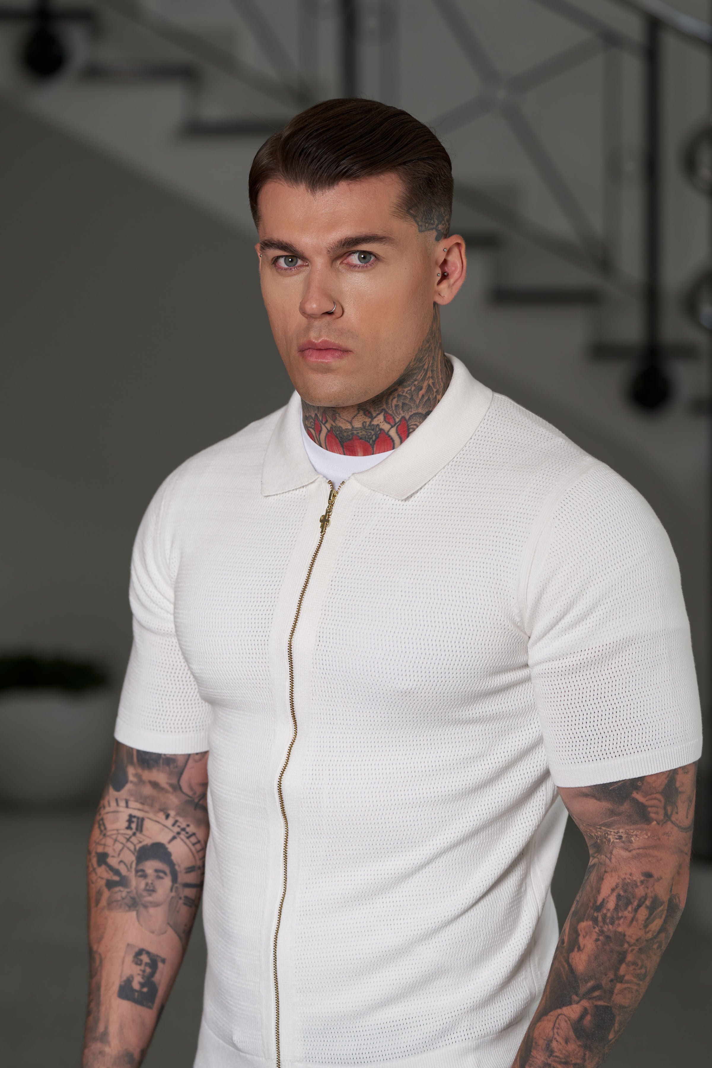 Classic Knitted Textured Design With Full Length Zip Off White Short Sleeve - FSN152