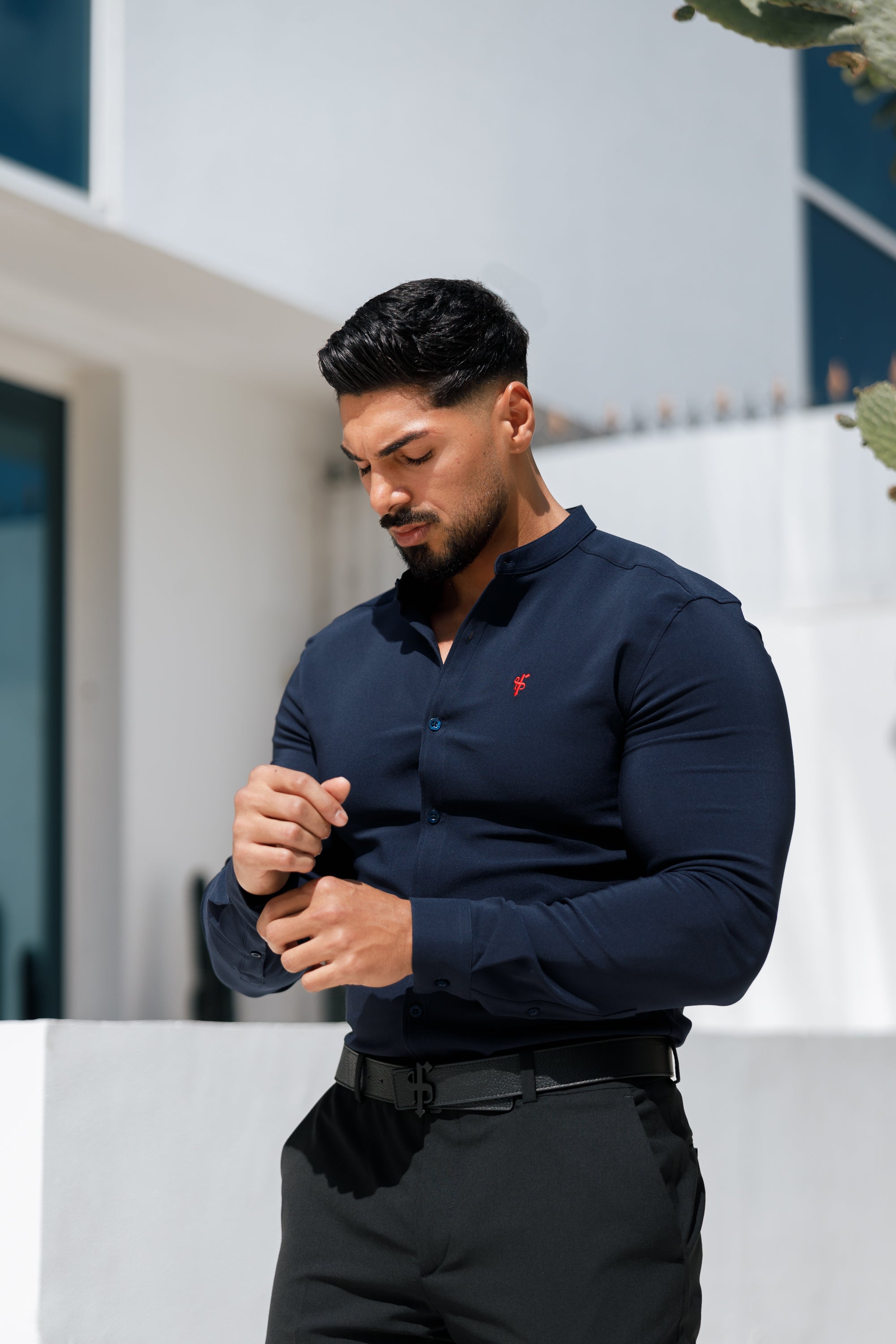 Super Slim Scuba Navy / Red Long Sleeve Stretch with Grandad Collar - FS1000
