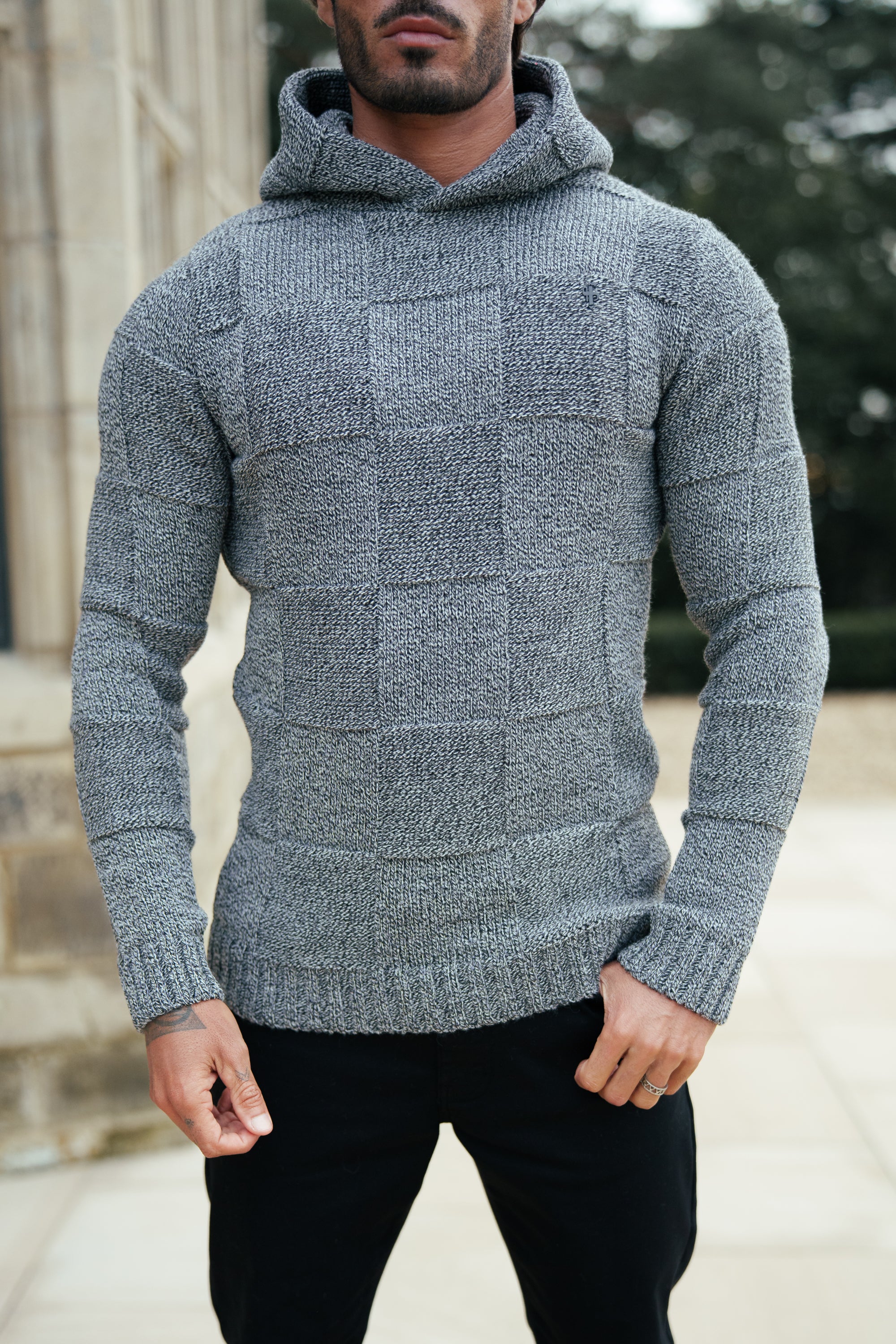 Black / White Two Tone Checkerboard Knitted Hoodie - FSJ134