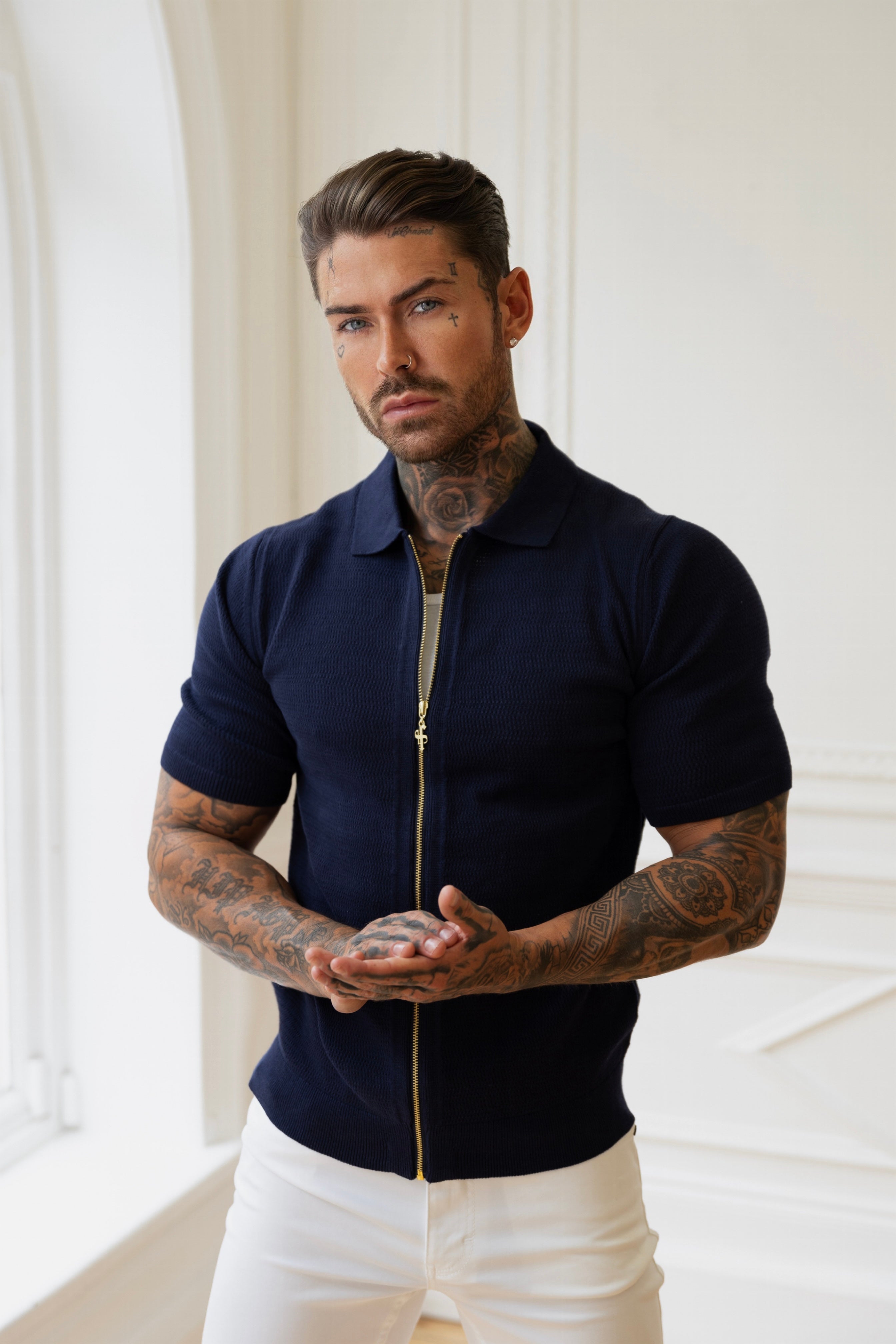 Classic Knitted Textured Design With Full Length Zip Navy Short Sleeve - FSN153
