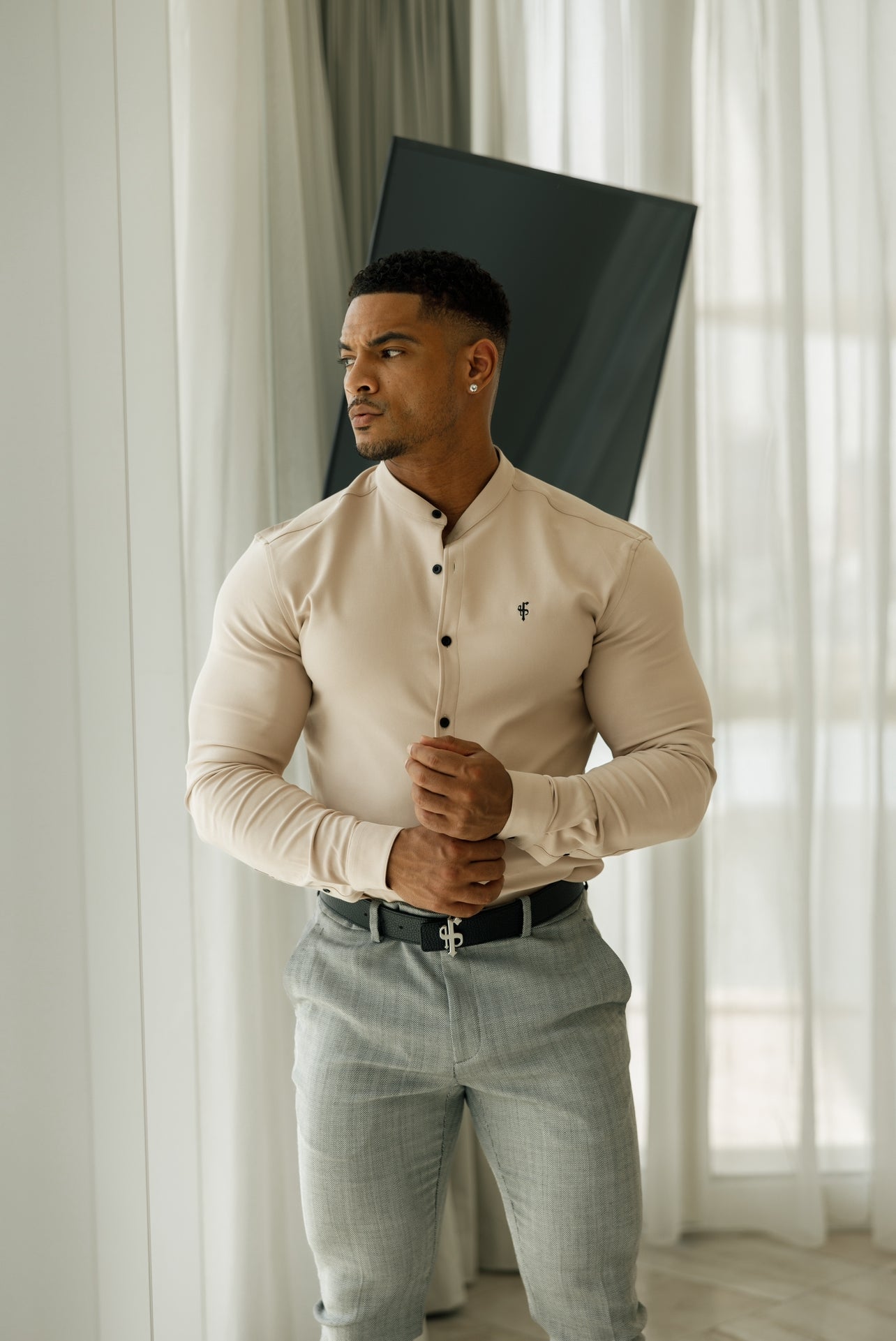 Super Slim Scuba Beige Long Sleeve Stretch with Grandad Collar - FS941