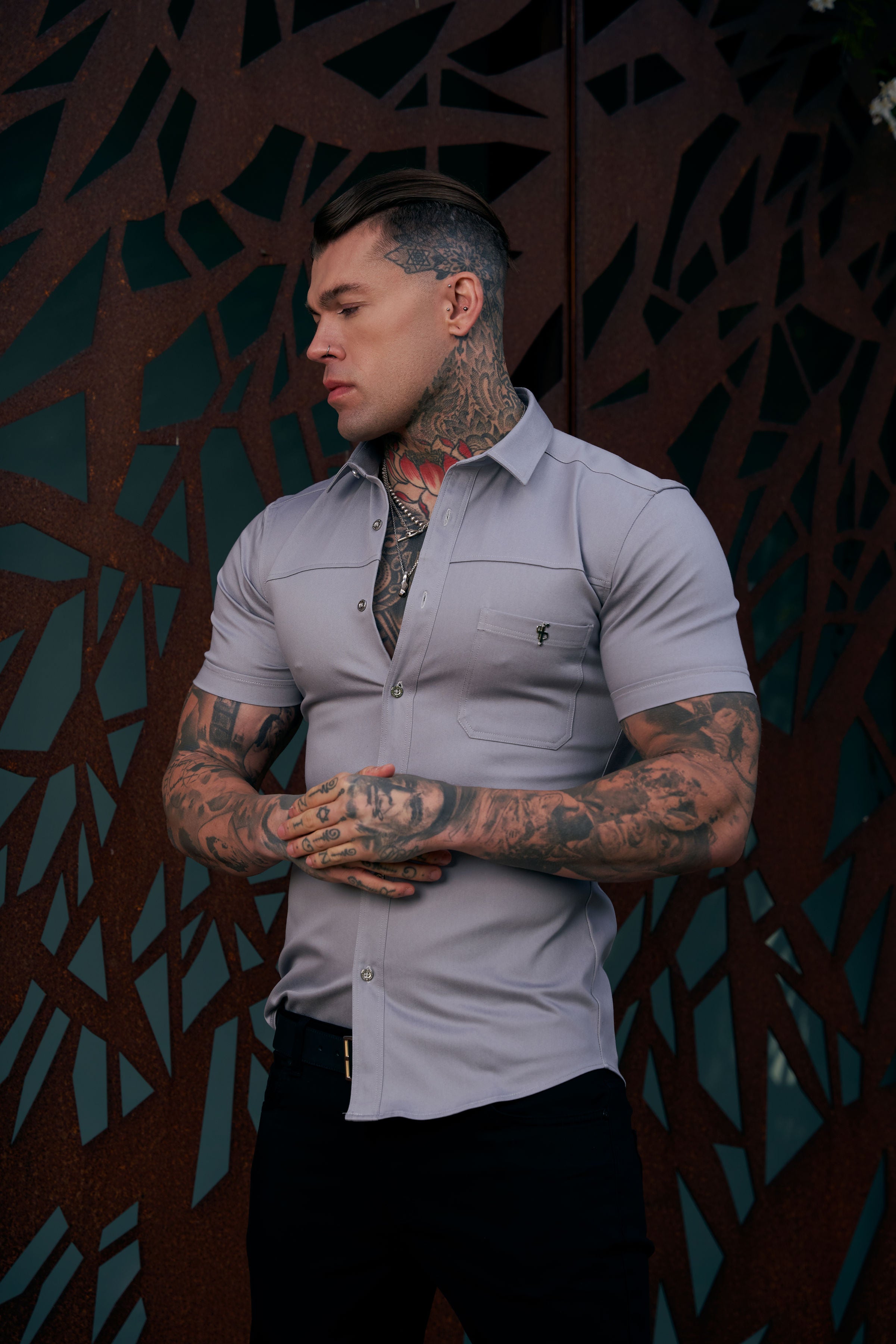 Super Slim Stretch Grey Denim Short Sleeve with Horizontal Seam and Pocket- FS960
