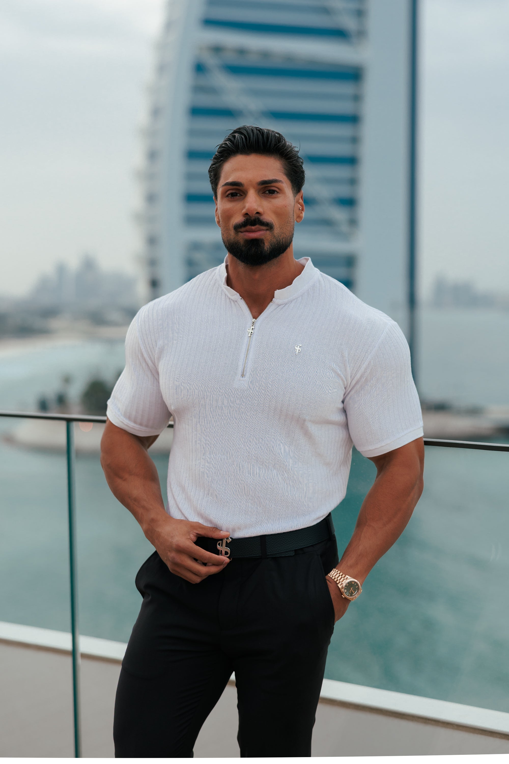 Classic White / Silver Ribbed Zip Grandad Collar Shirt Short Sleeve - FSH1447