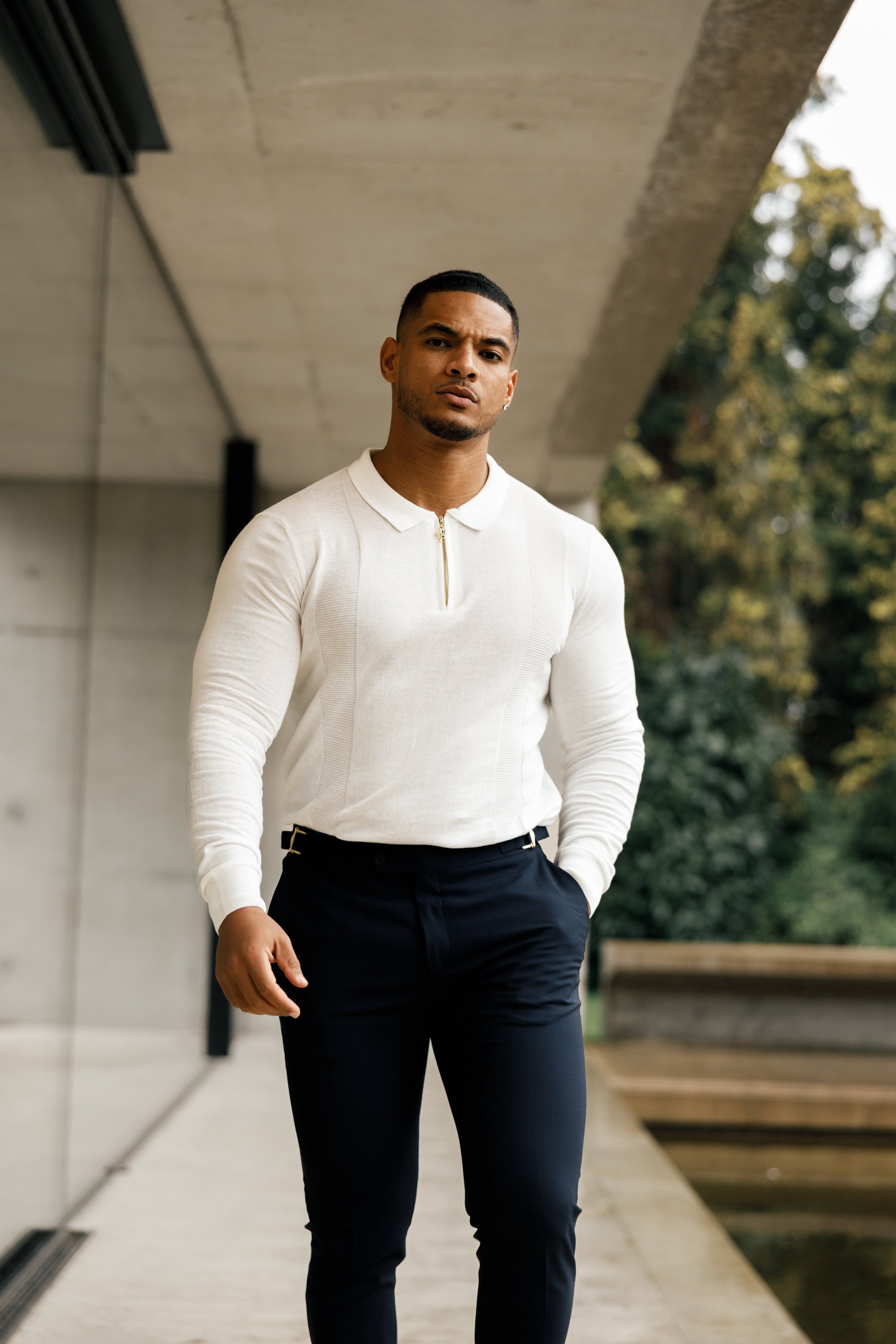 Classic White and Gold Zip Knitted Polo Shirt Long Sleeve - FSN125