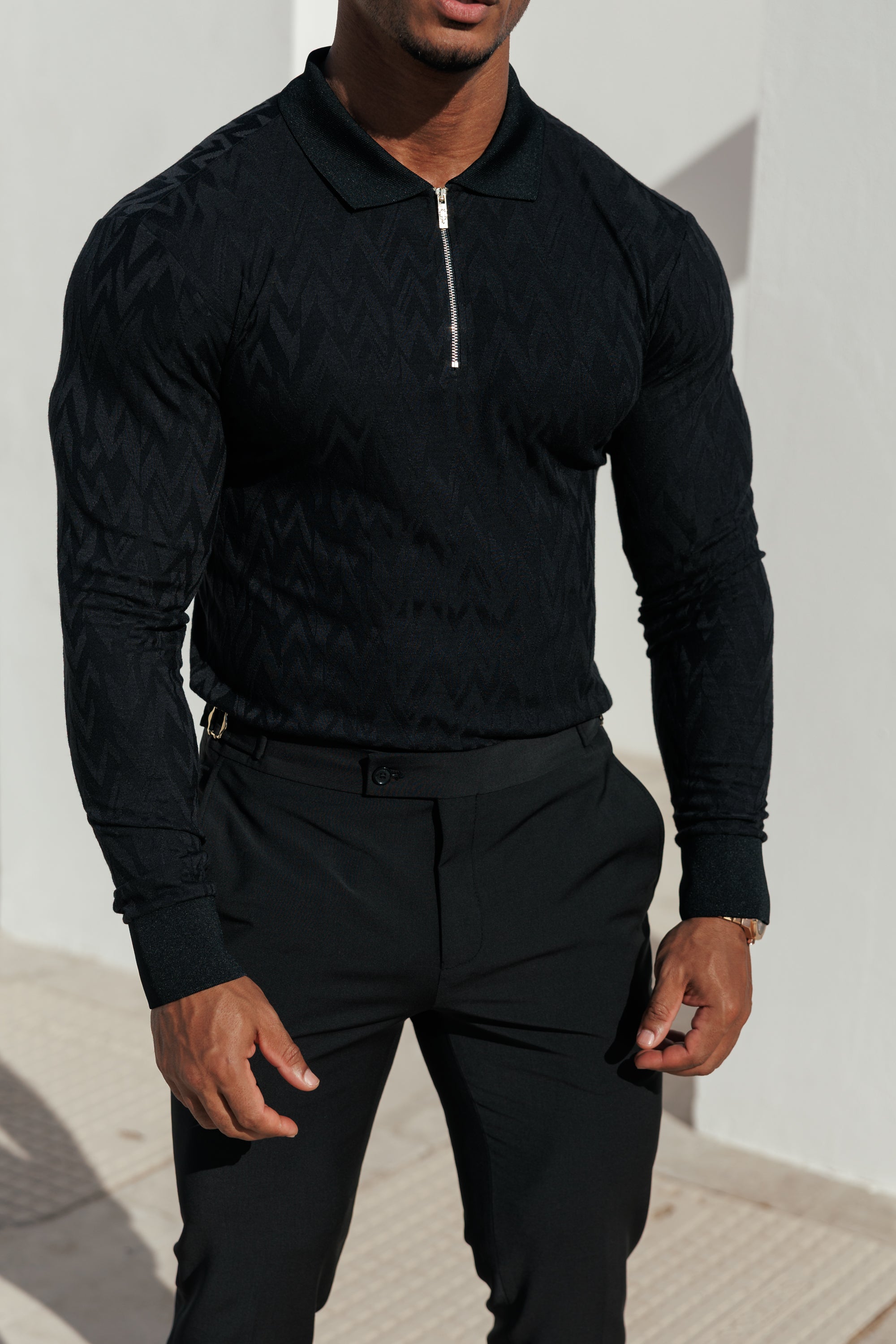 Classic Jacquard Black Chevron Zipped Polo Long Sleeve - FSR043