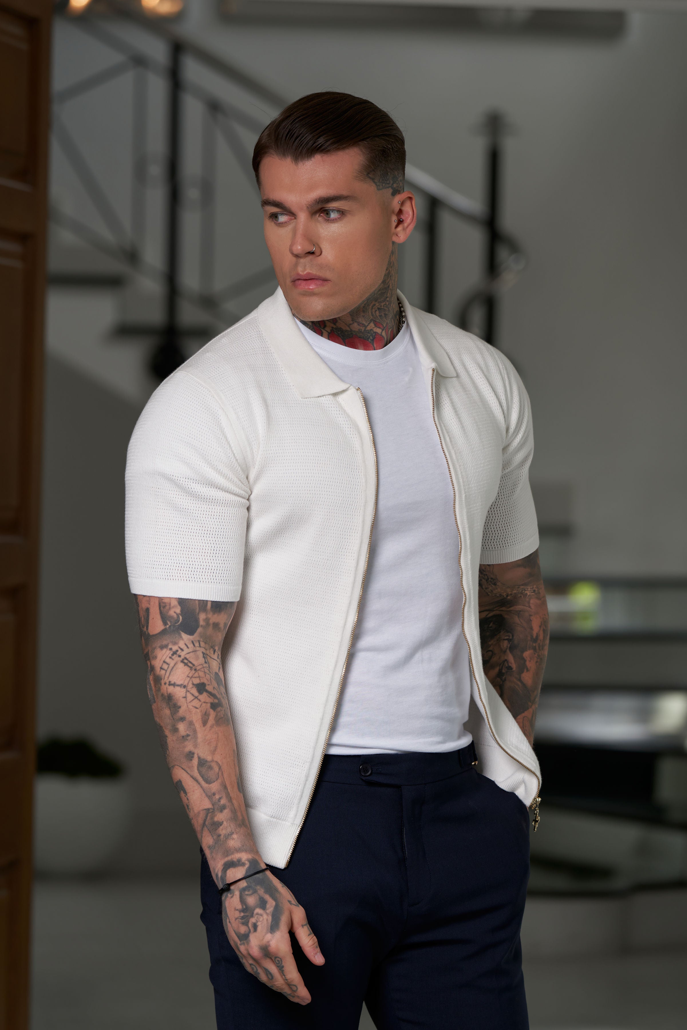 Classic Knitted Textured Design With Full Length Zip Off White Short Sleeve - FSN152
