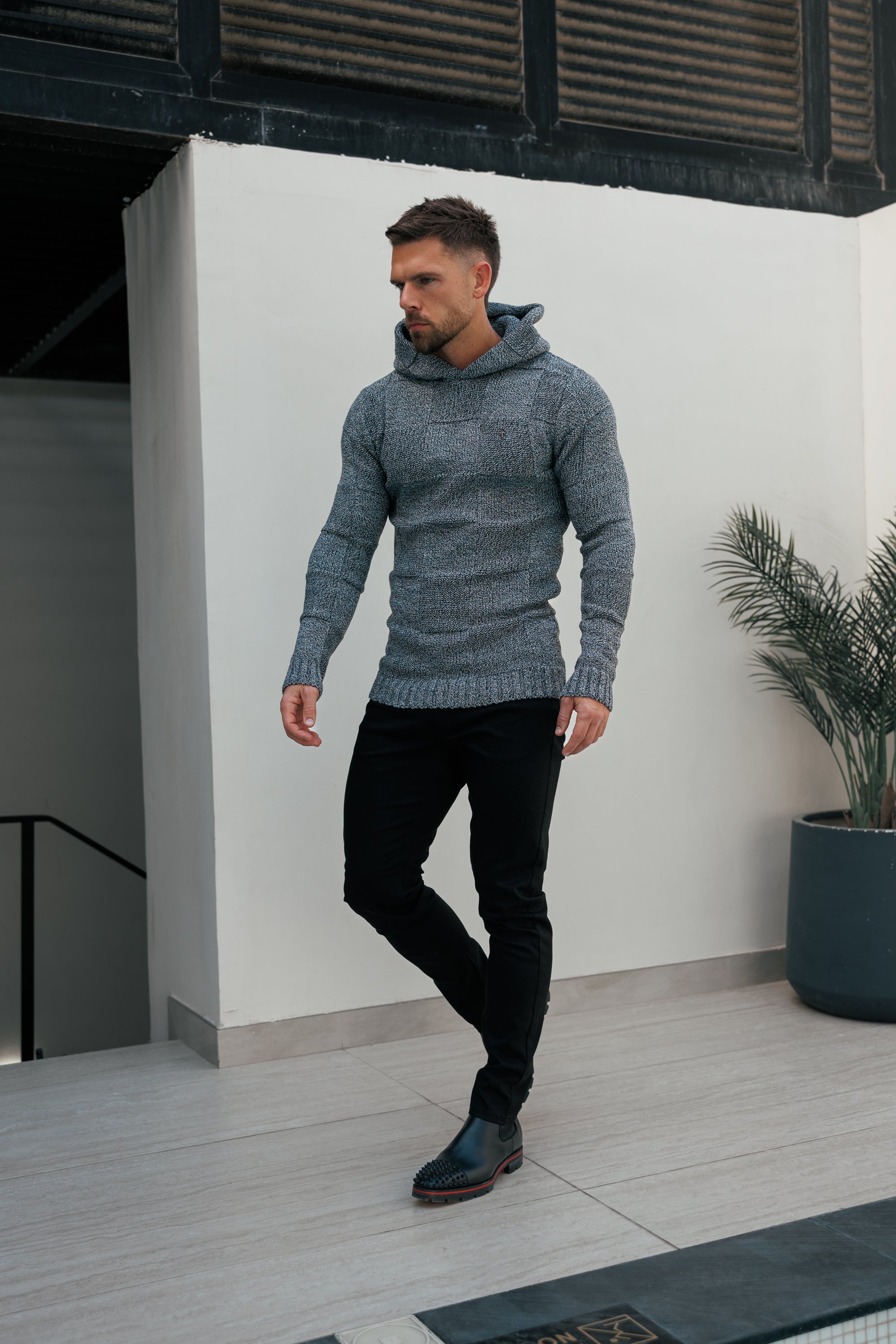 Black / White Two Tone Checkerboard Knitted Hoodie - FSJ134