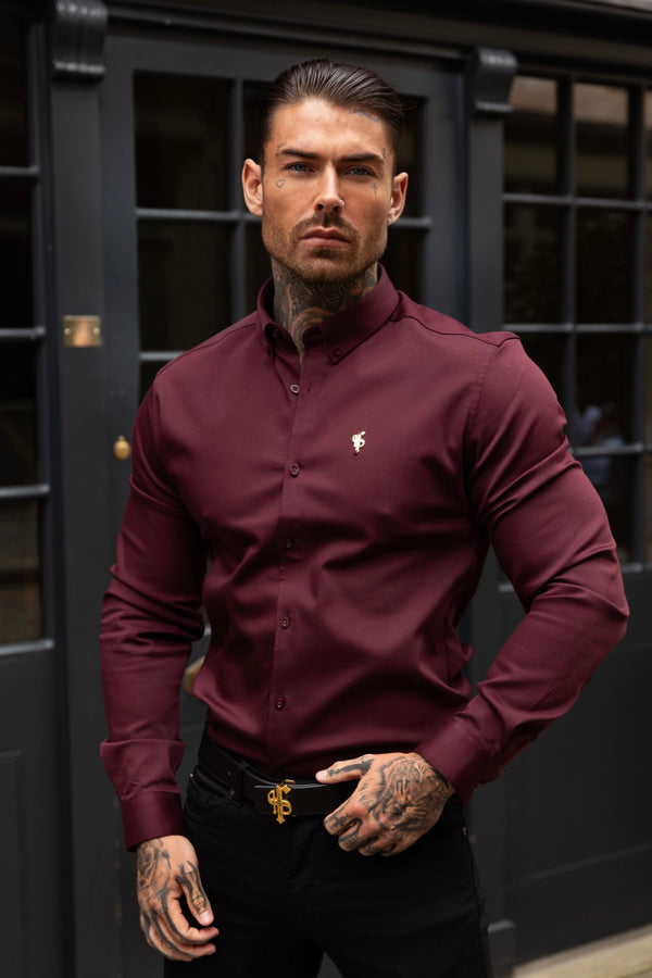 Father Sons Super Slim Stretch Burgundy Denim Long Sleeve with Gold Metal Decal and Button Down Collar - FS1046