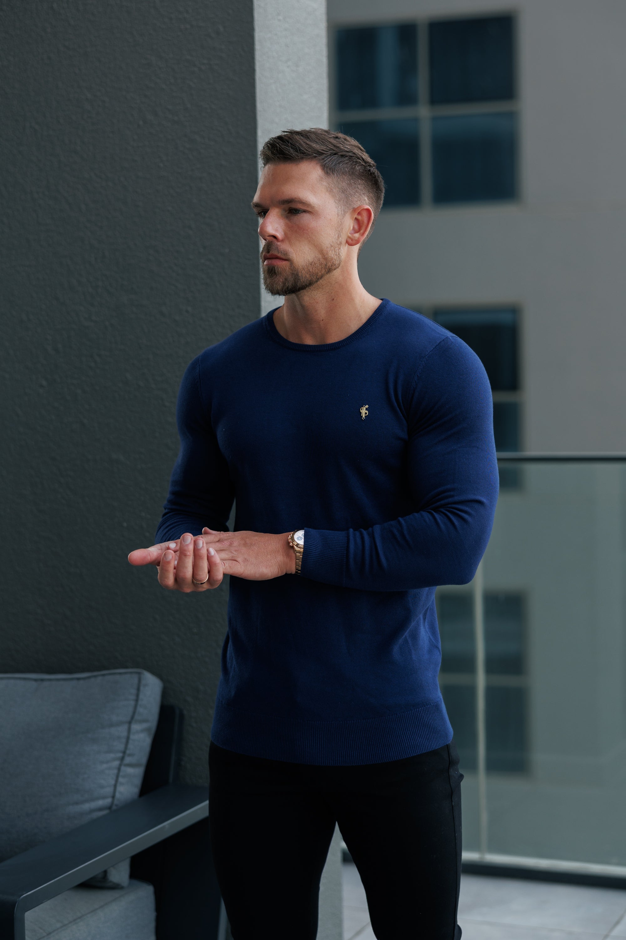 Navy Crew Neck Knitted Jumper With FS Branding - FSN197