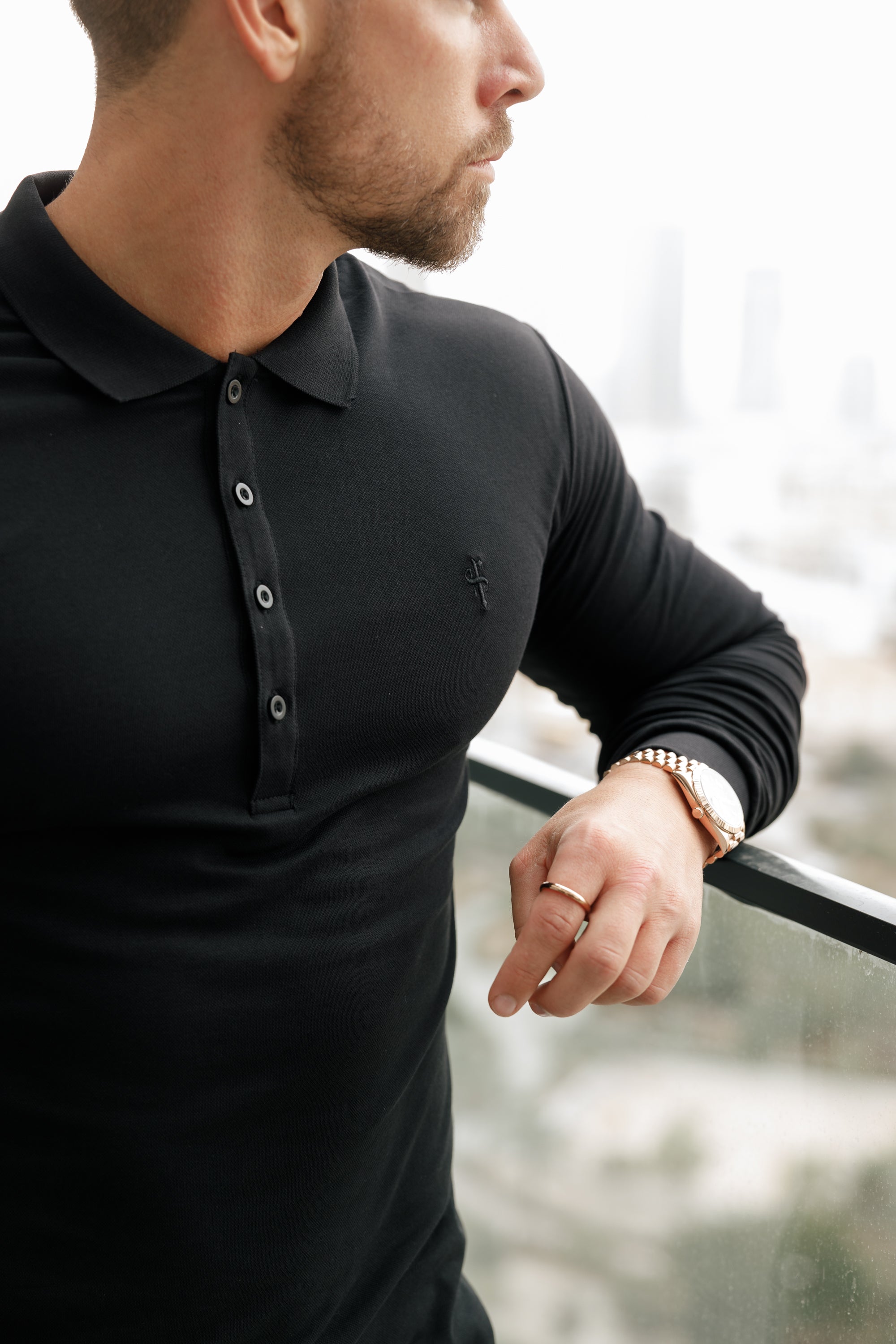 Classic Black Tonal Polo Long Sleeve Shirt - FSH857