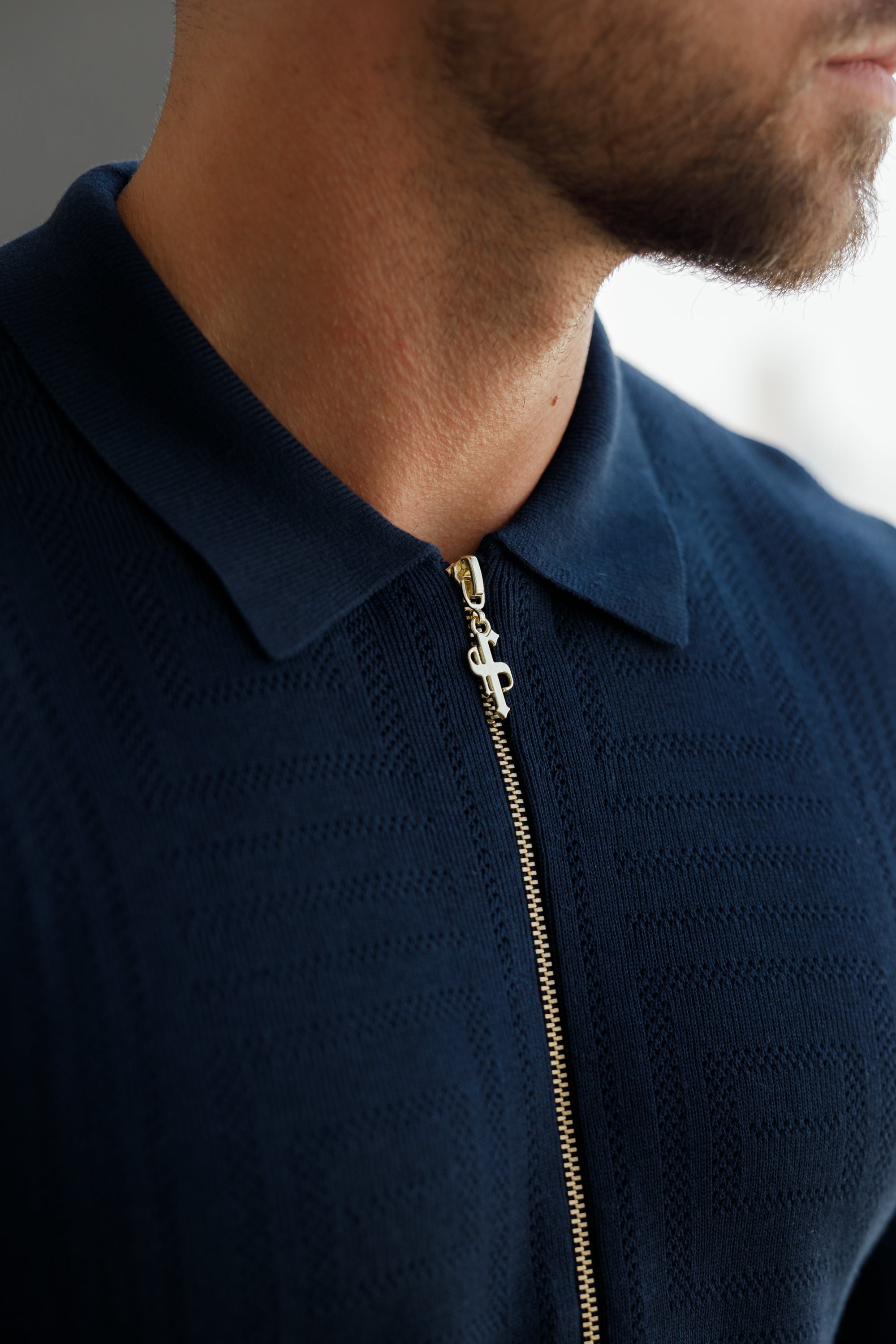 Classic Knitted Geo Design With Full Length Zip Navy Short Sleeve - FSN149