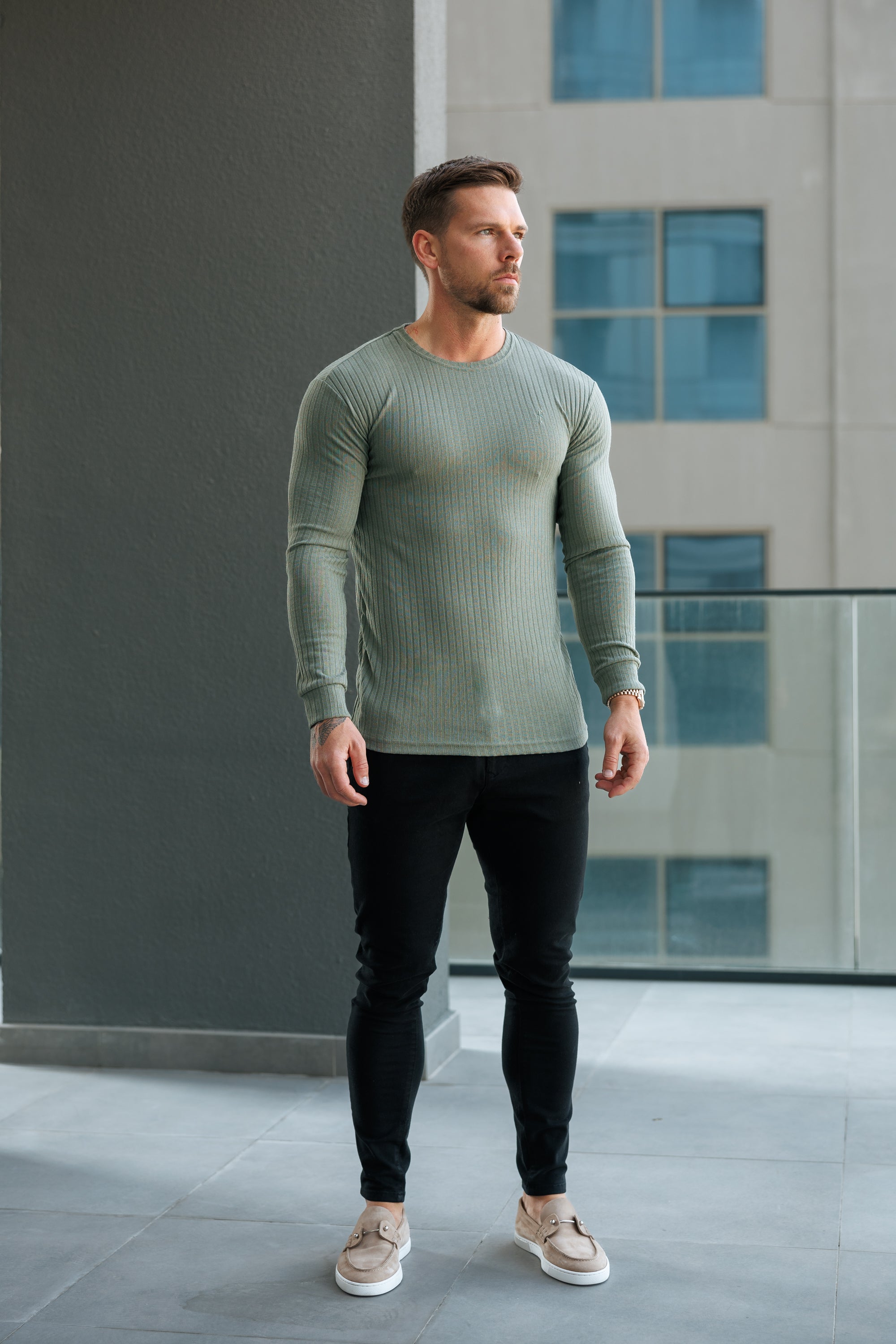 Classic Olive Ribbed Knit Jumper With Tonal Embroidery - FSH1285