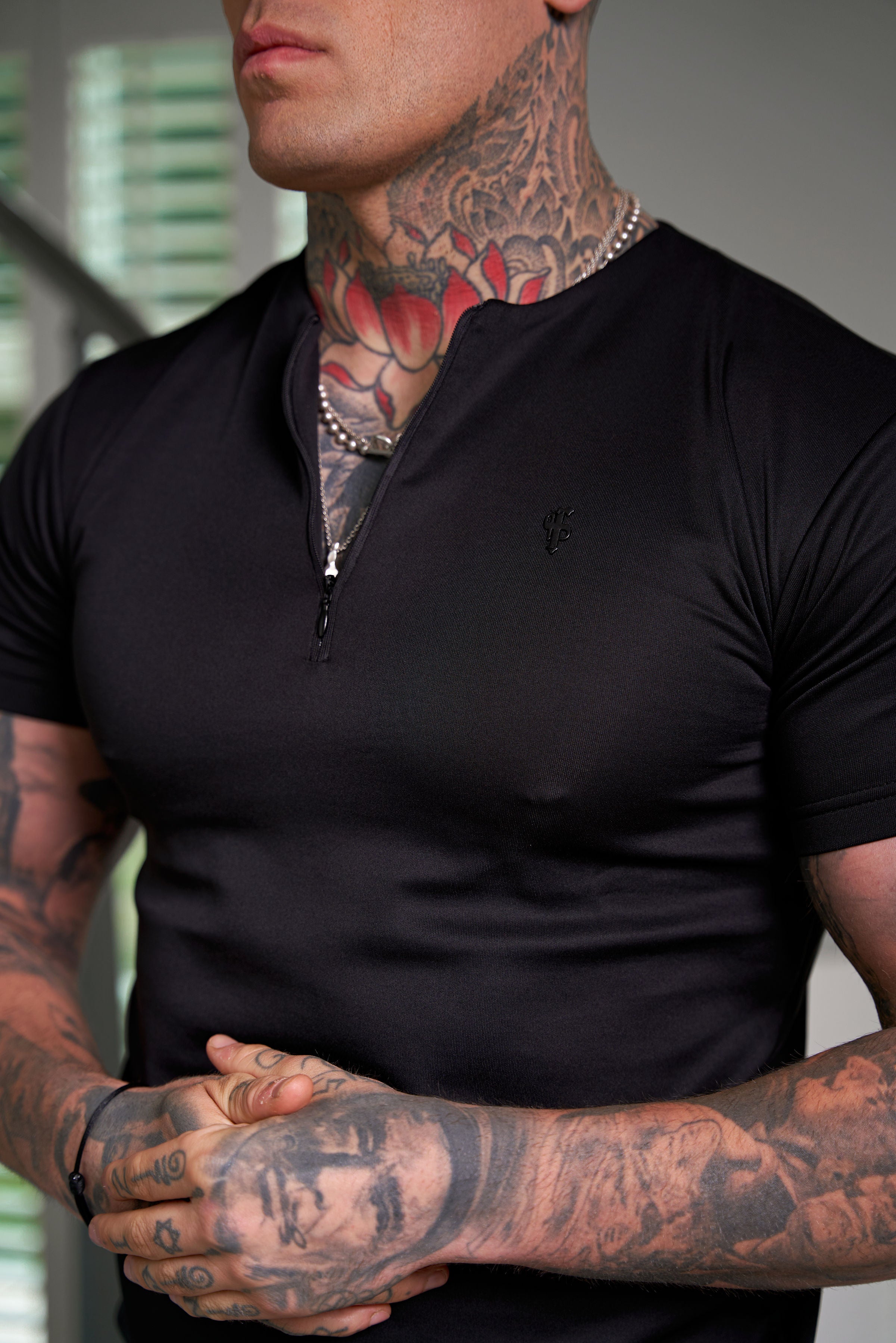 Scuba Black Crew T Shirt With Zip Detail Short Sleeve - FSH1031