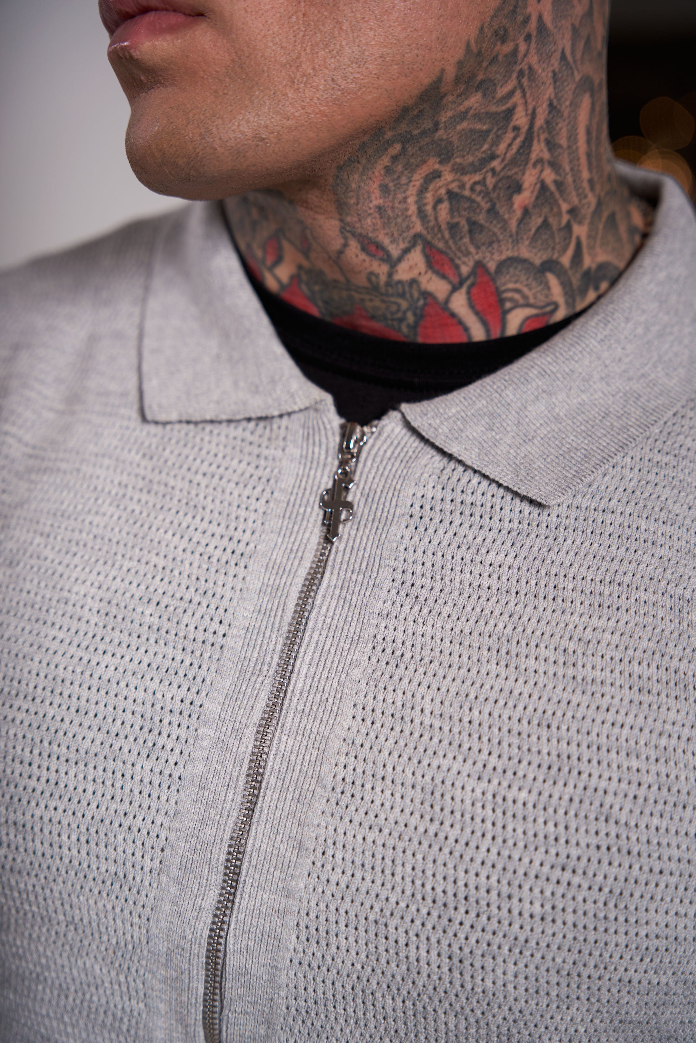 Classic Knitted Textured Design With Full Length Zip Light Grey Short Sleeve - FSN154