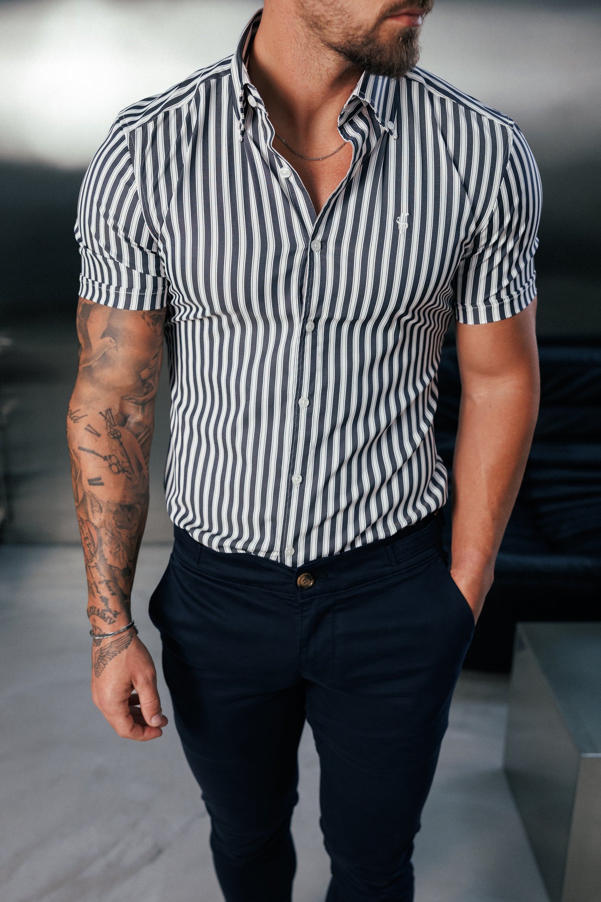 Super Slim Stretch Sateen Touch White / Navy Double Stripe Short Sleeve - FS1288