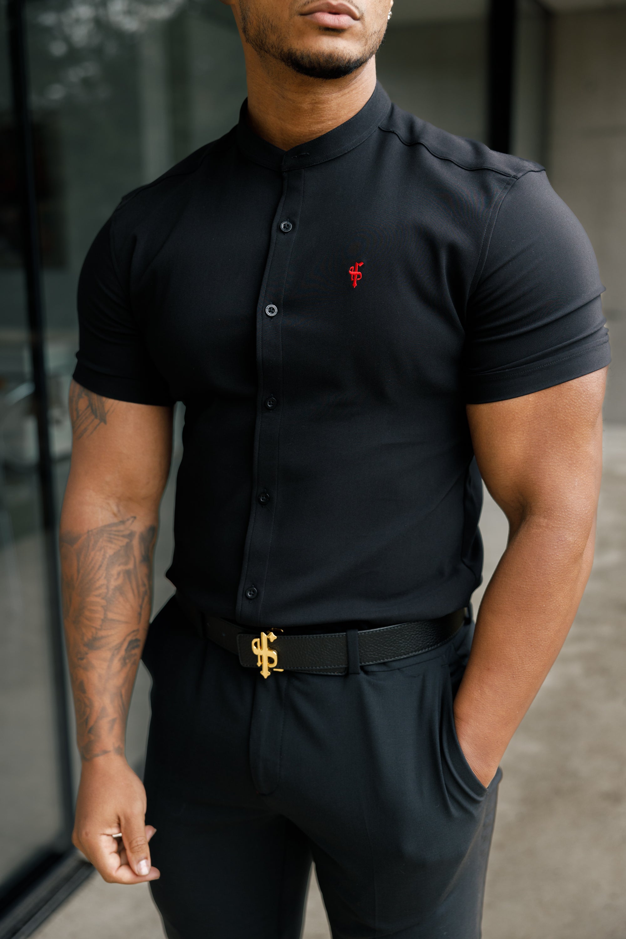 Super Slim Scuba Black Short Sleeve Stretch With Grandad Collar - FS930