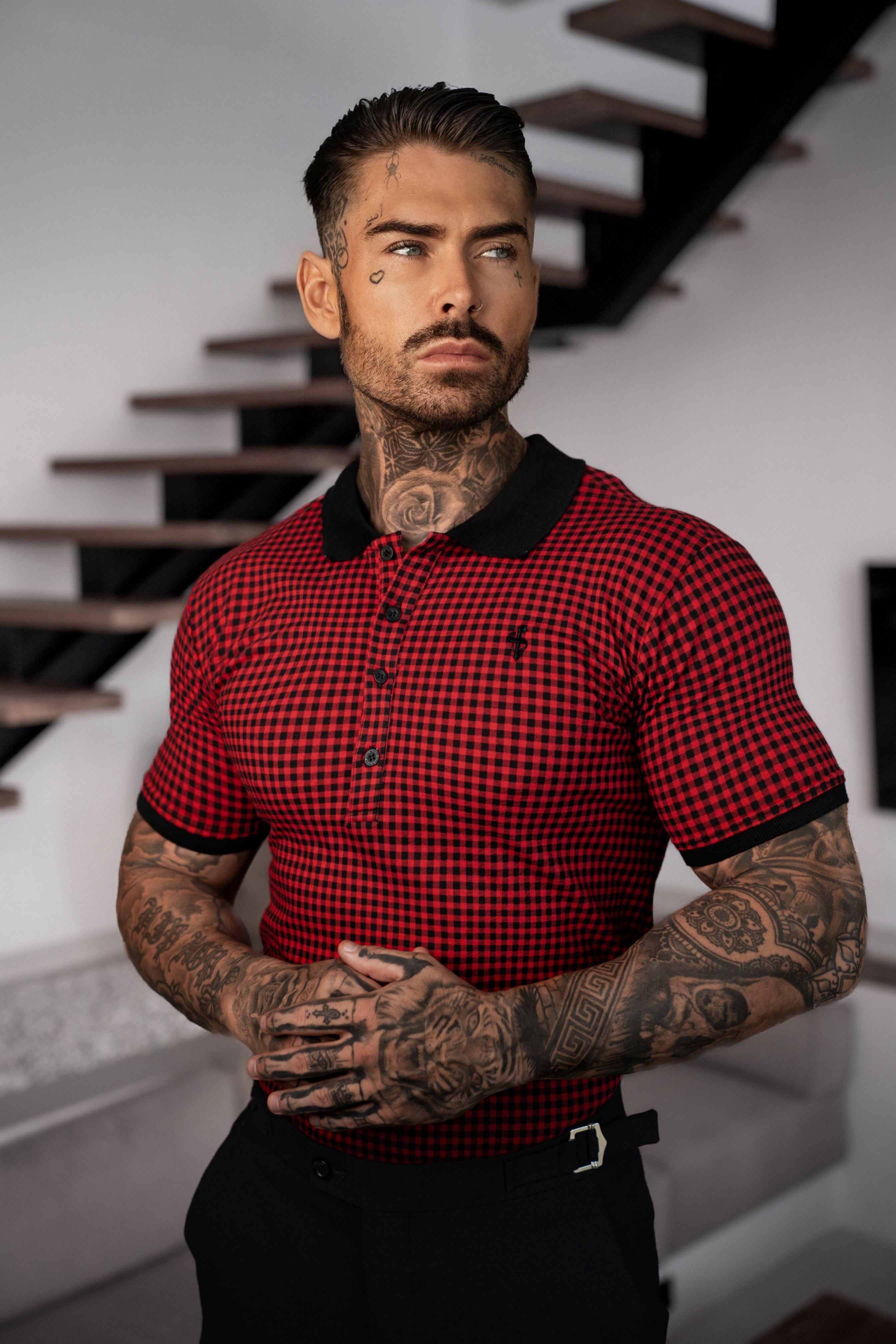 Black / Red Printed Check Polo Shirt - FSH1259
