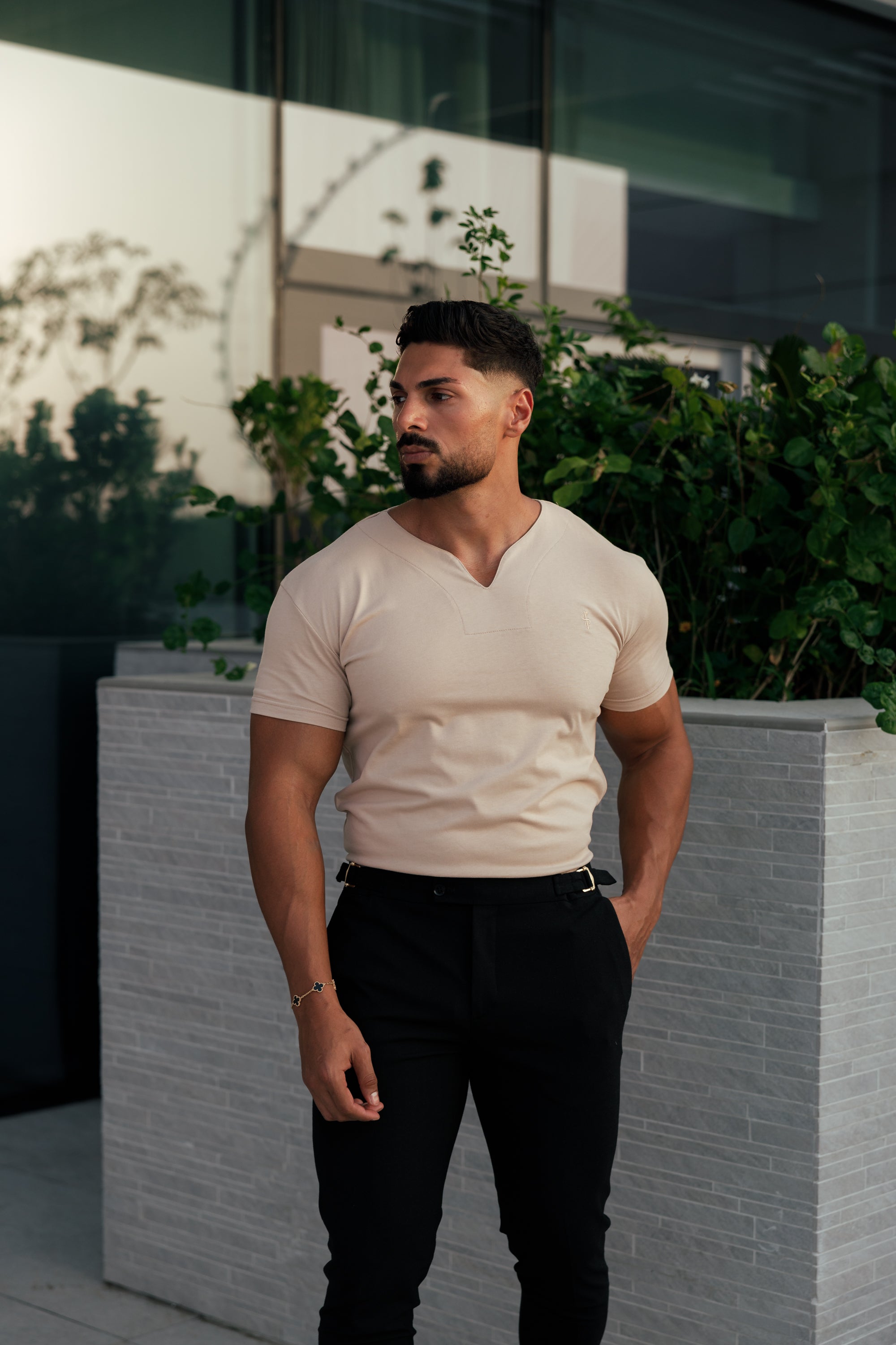 Advanced V Neck Crew Short Sleeve Beige - FSH1016