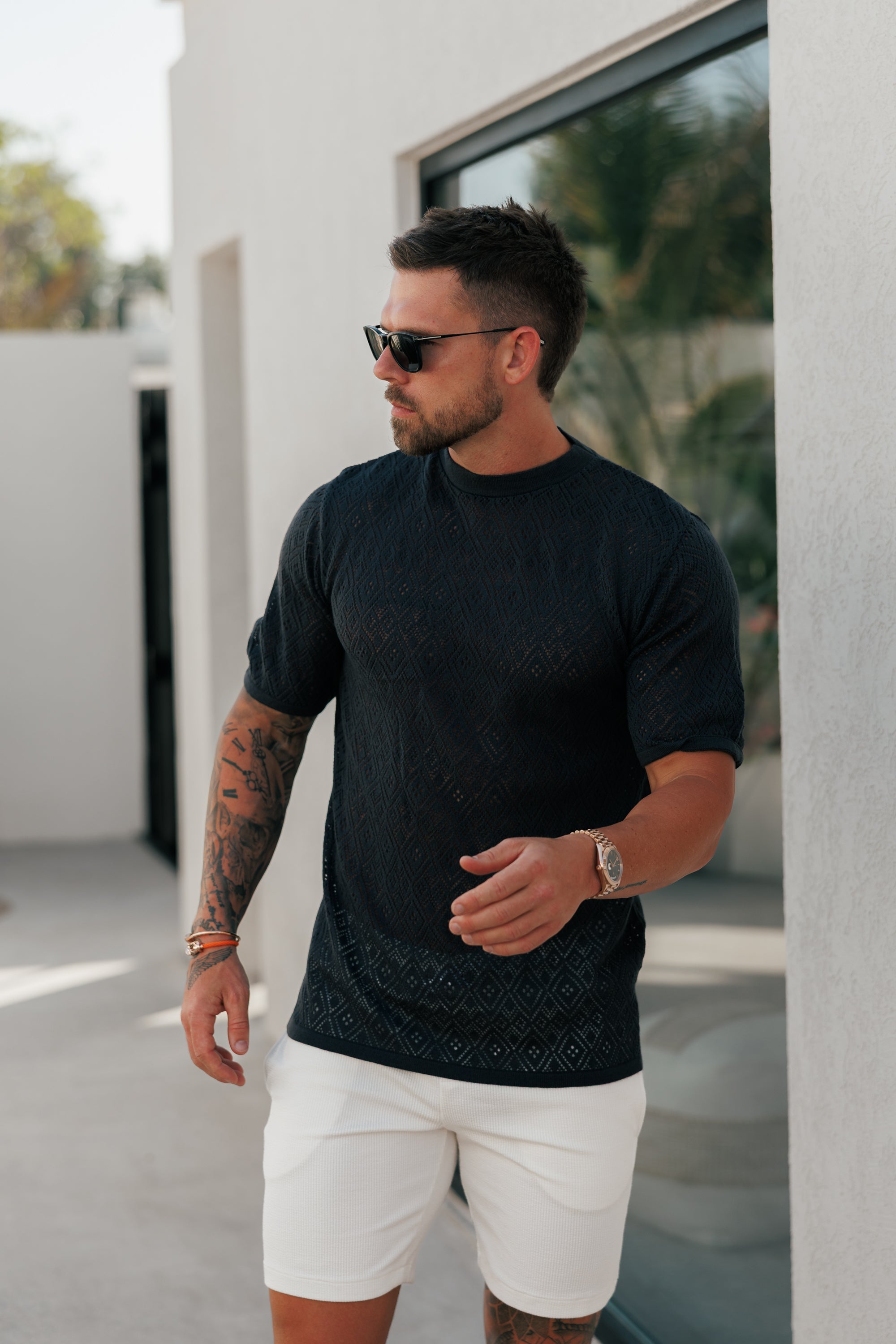 Crochet Crew T-Shirt Navy Short Sleeve - FSJ090