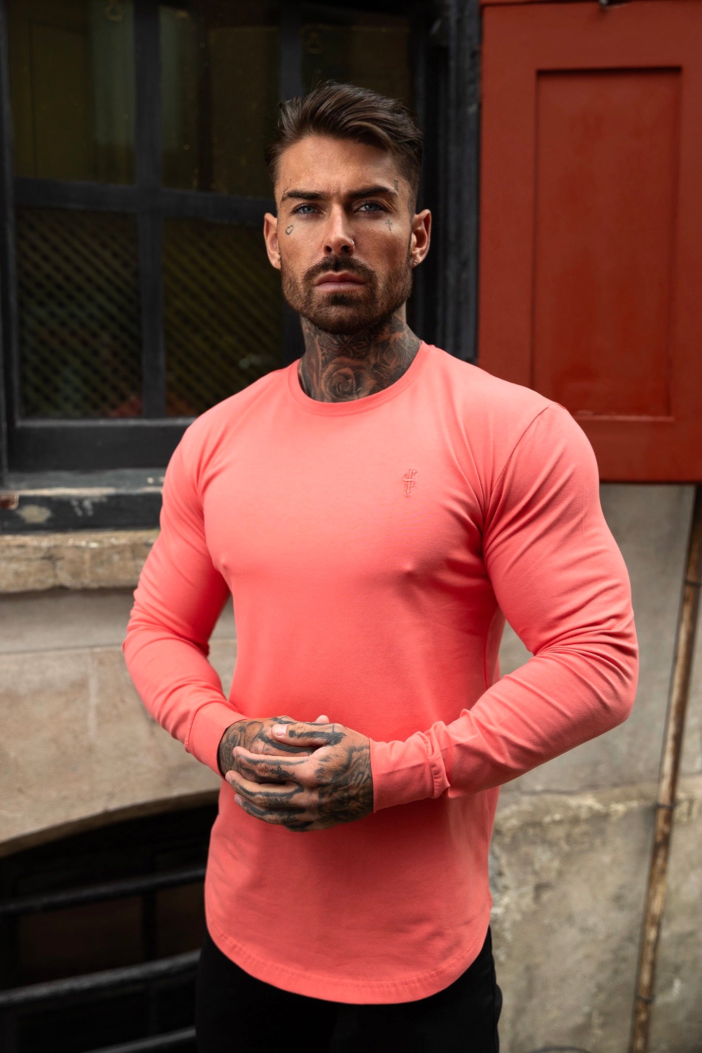 Classic Coral Tonal Curved Hem Long Sleeve Crew T Shirt - FSH1000